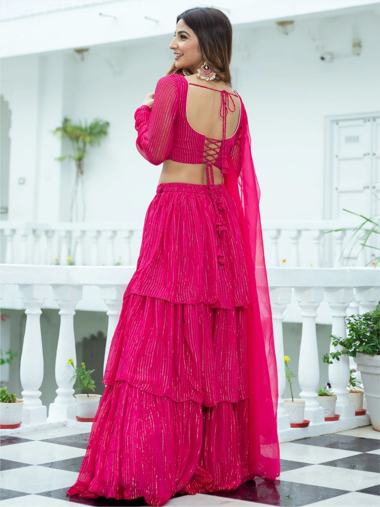 Pink Lurex Tiered Lehenga Set - Image 4