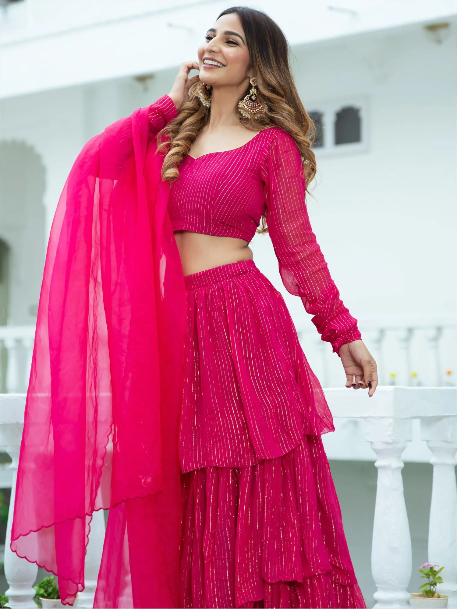 Pink Lurex Tiered Lehenga Set - Image 5