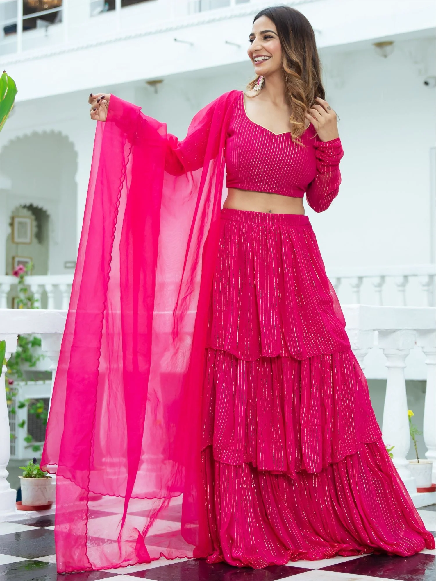 Pink Lurex Tiered Lehenga Set - Image 6