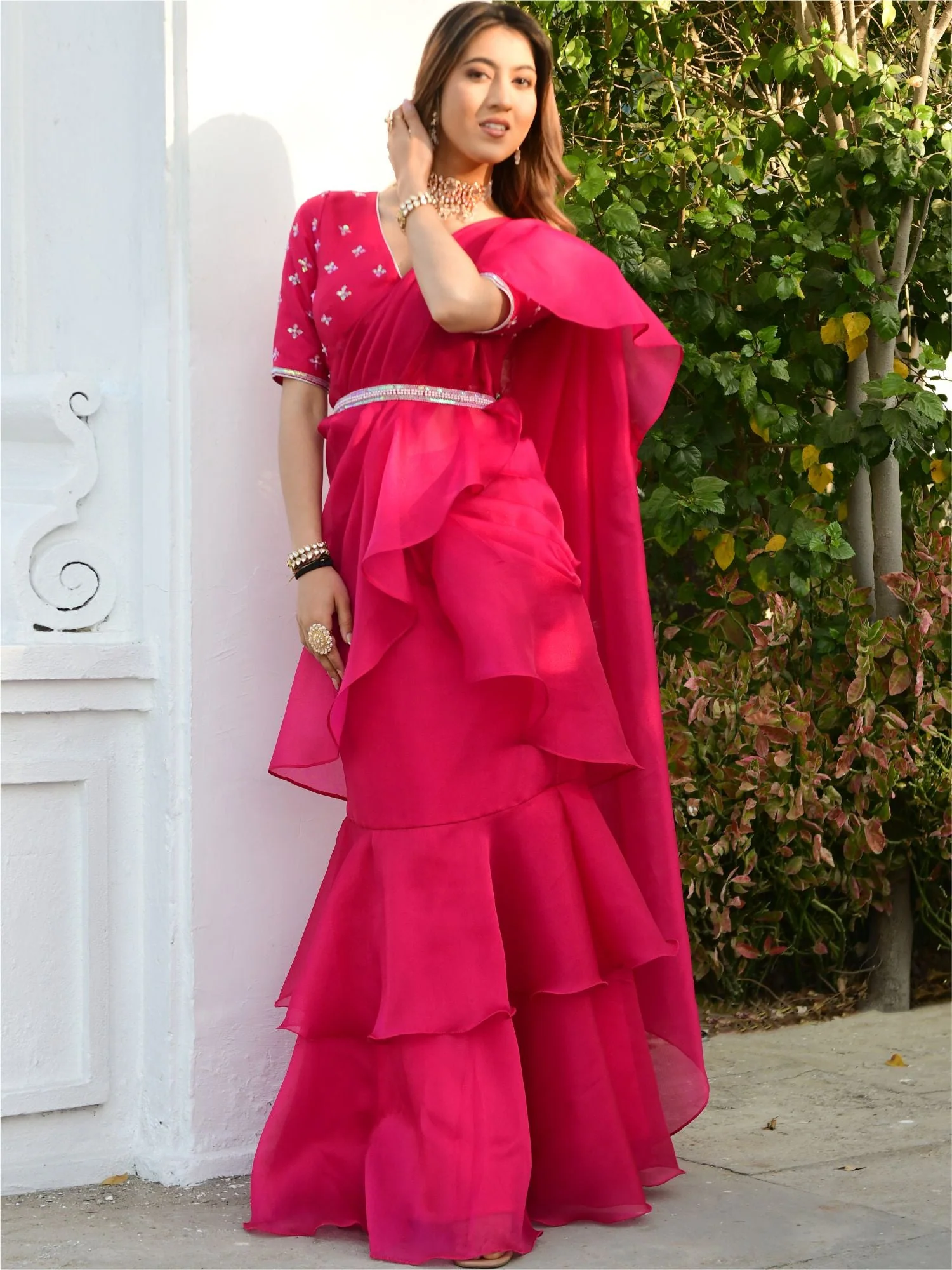 Pink Organza Ruffle Saree - Image 3