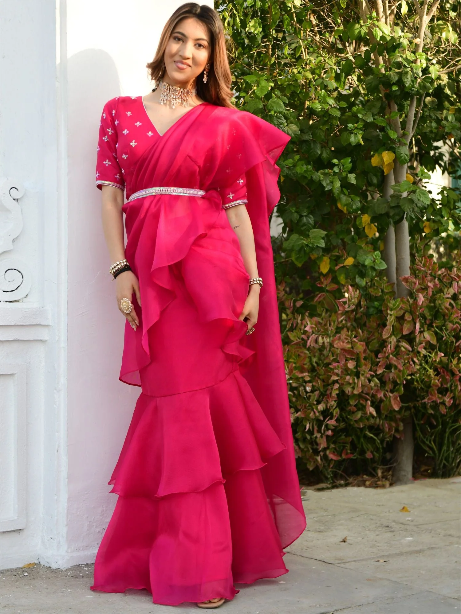 Pink Organza Ruffle Saree - Image 4