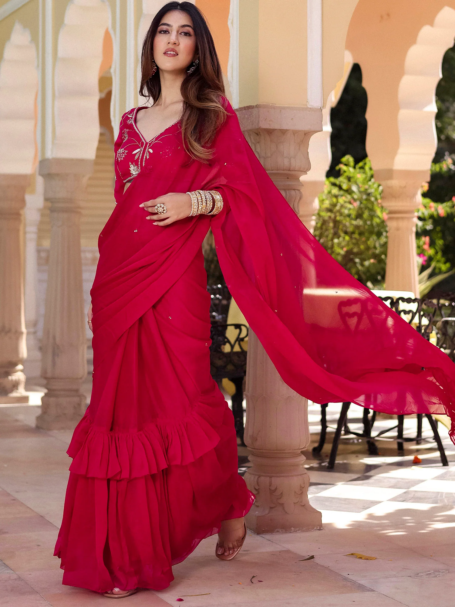Pink Pre Draped Saree - Image 3