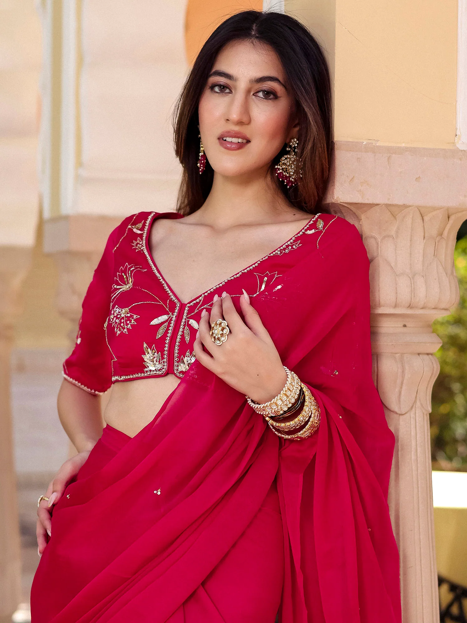 Pink Pre Draped Saree - Image 6