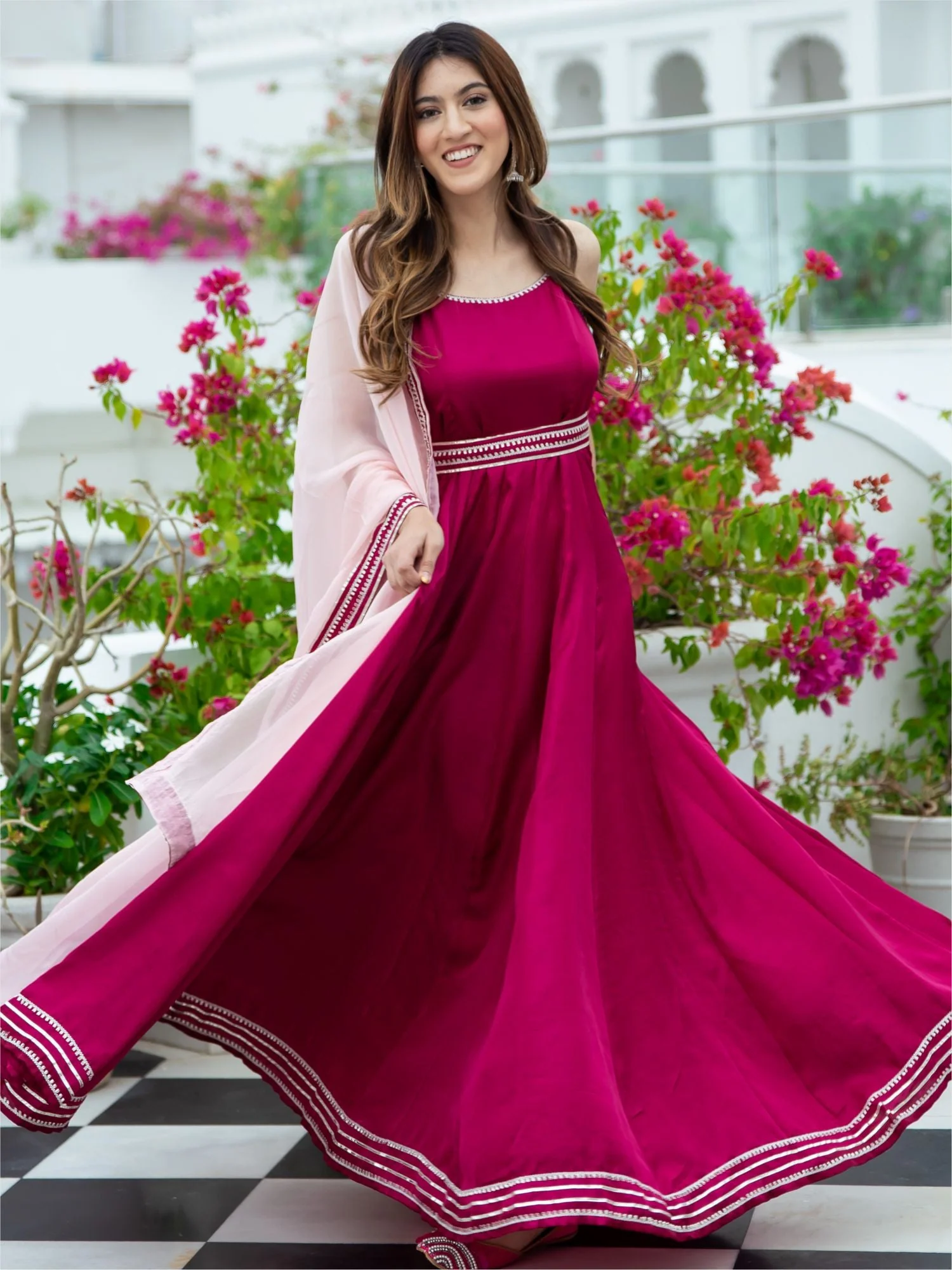 Pink Silk Long Dress With Dupatta - Image 5