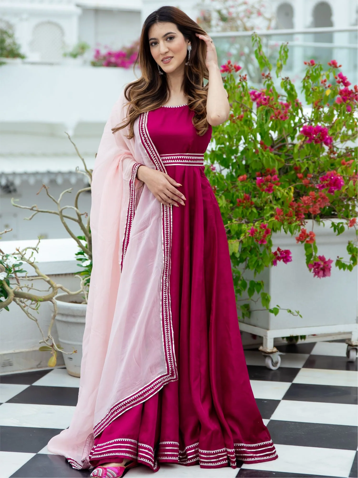 Pink Silk Long Dress With Dupatta - Image 6