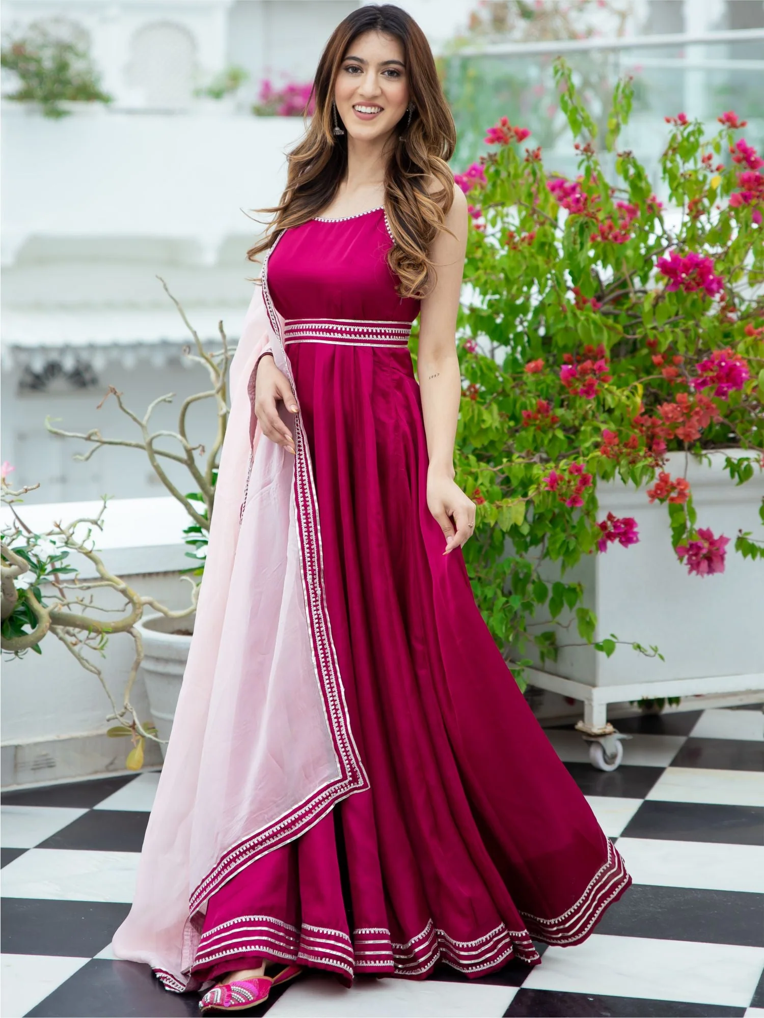 Pink Silk Long Dress With Dupatta - Image 7