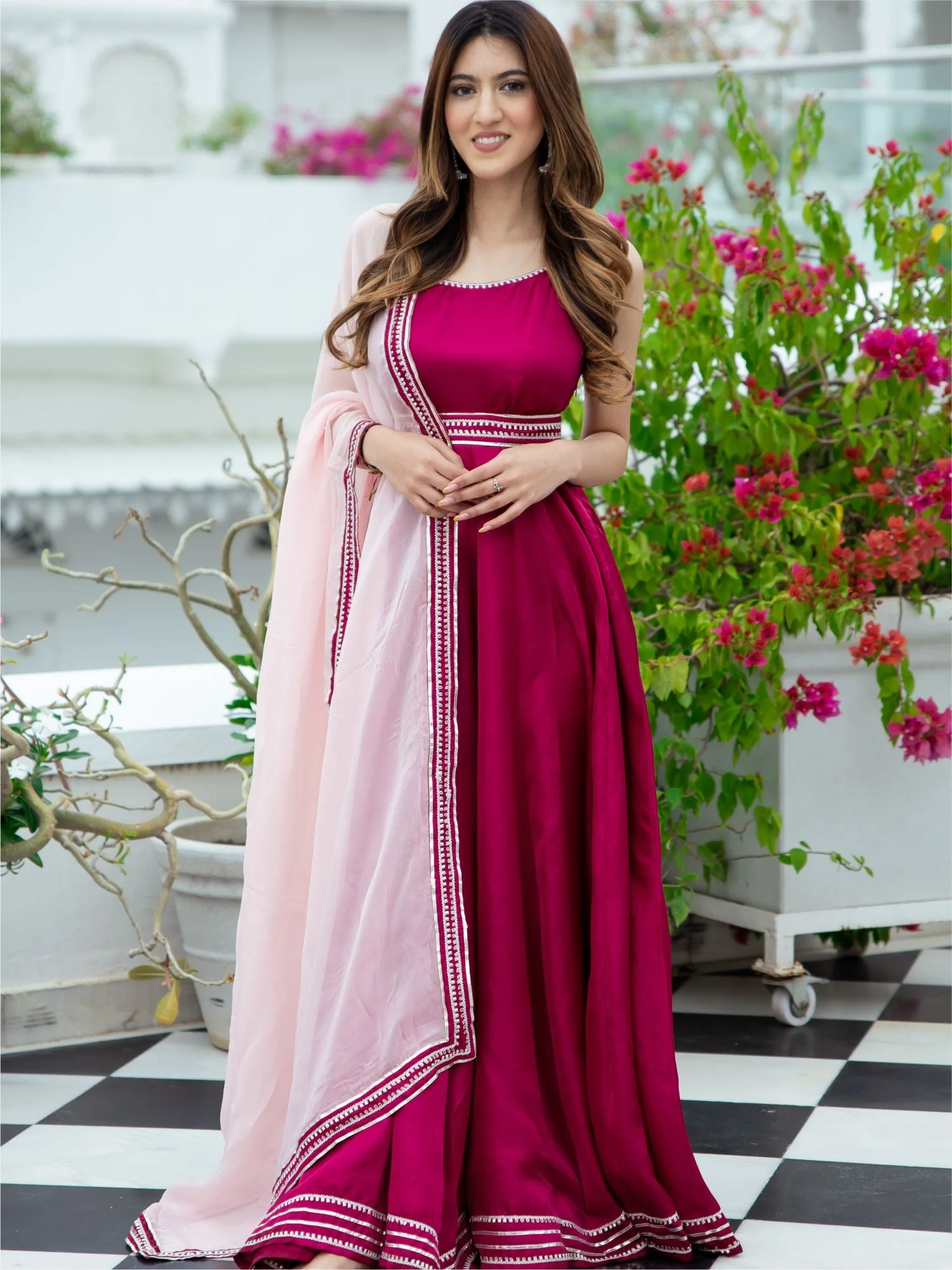 Pink Silk Long Dress With Dupatta - Image 8