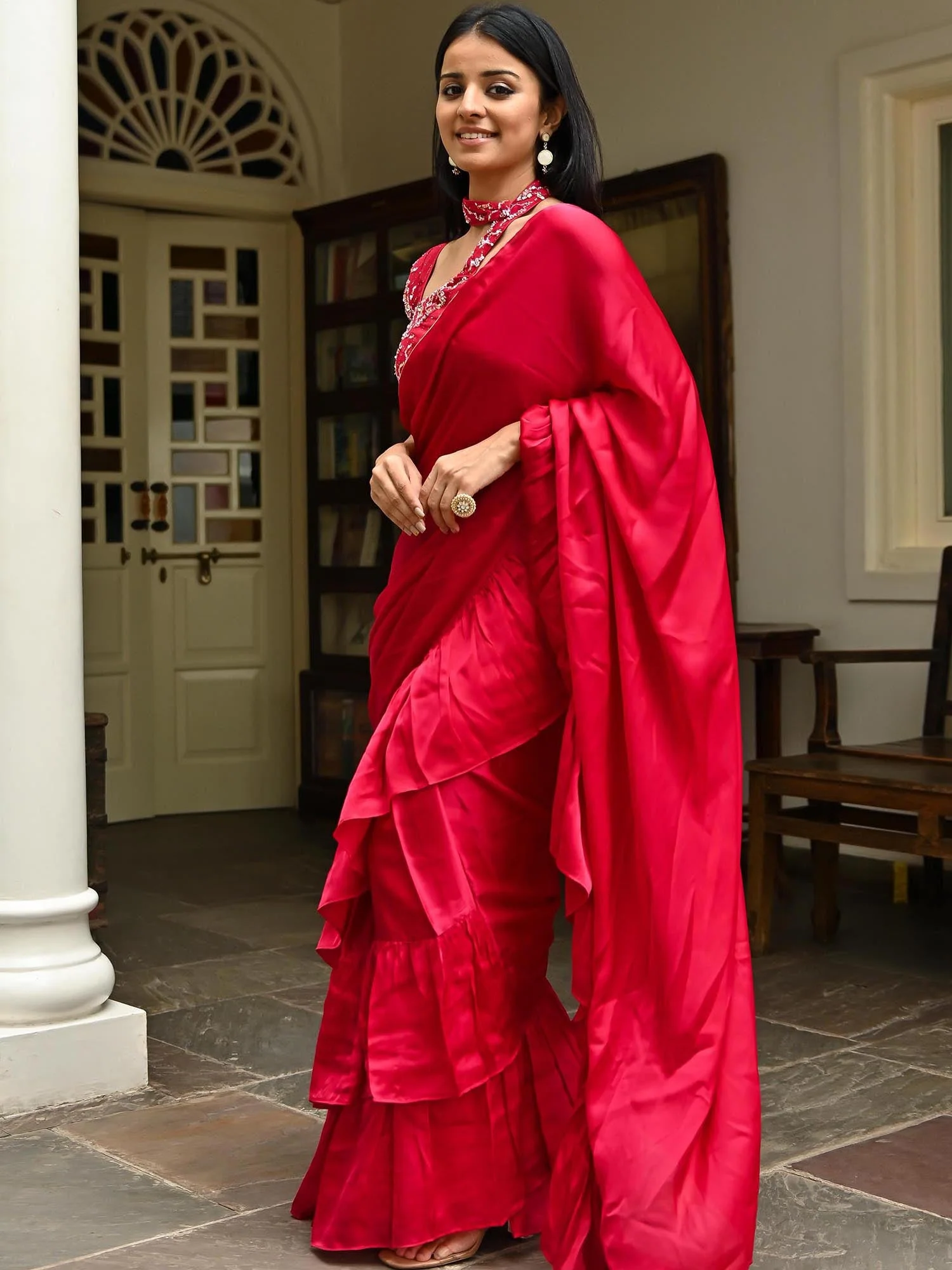 Pink Silk Ruffle Saree - Image 3