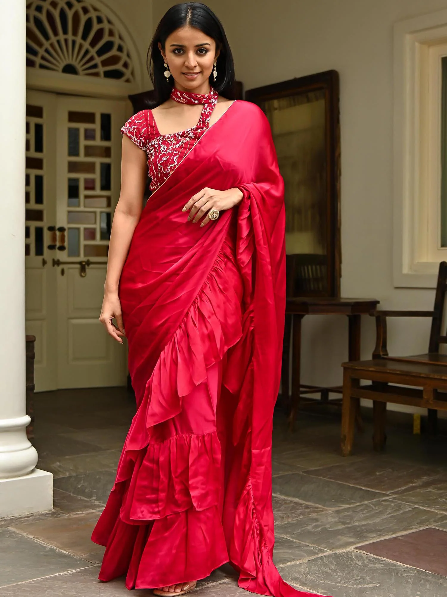Pink Silk Ruffle Saree - Image 4
