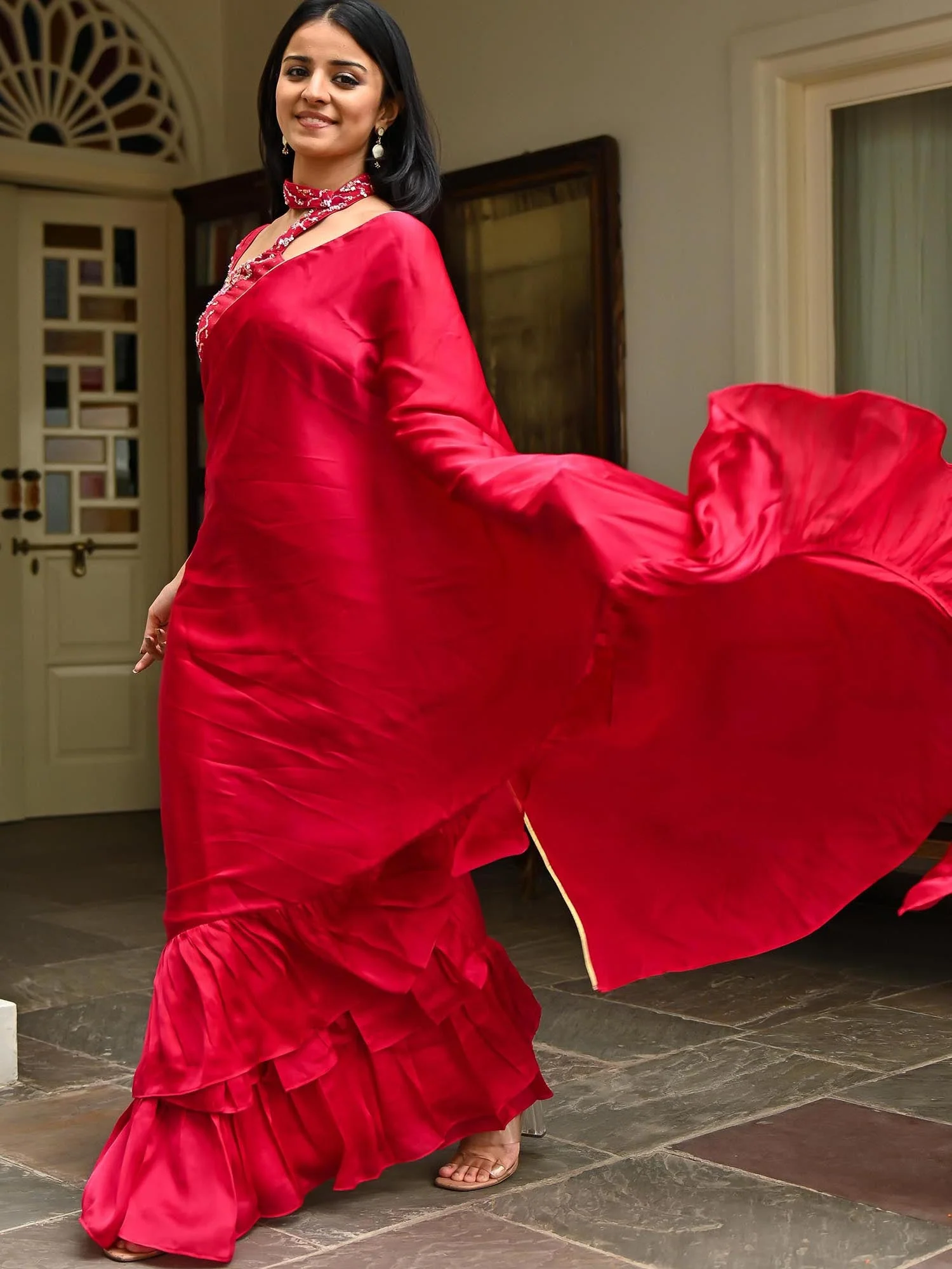 Pink Silk Ruffle Saree - Image 5