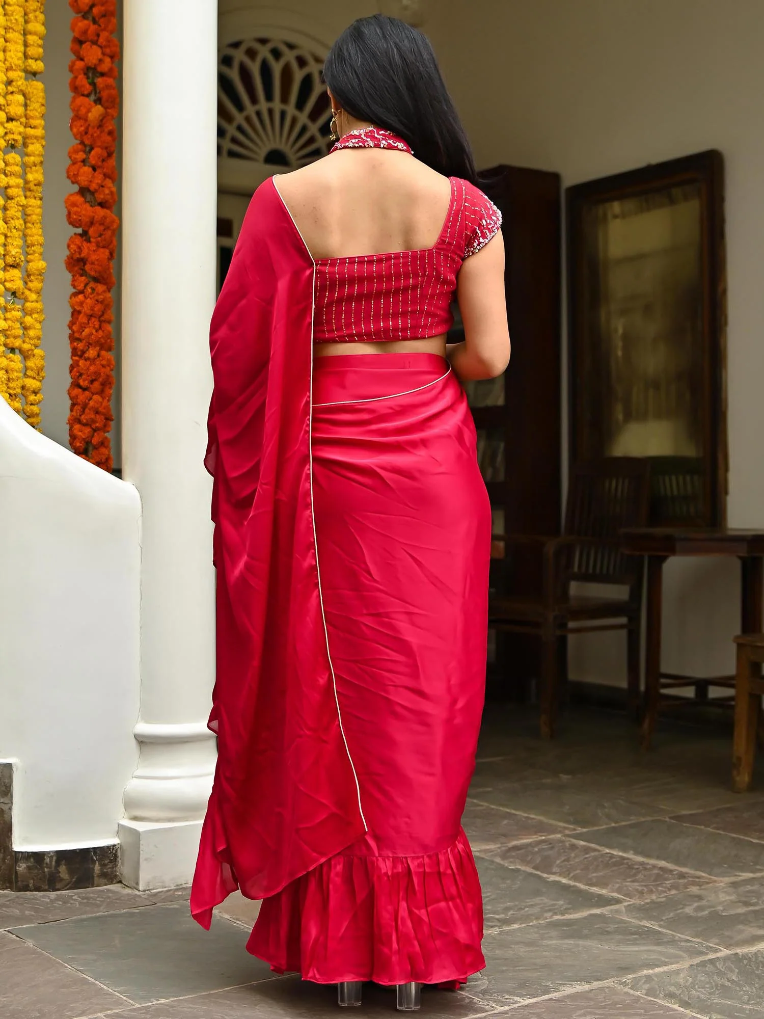 Pink Silk Ruffle Saree - Image 6