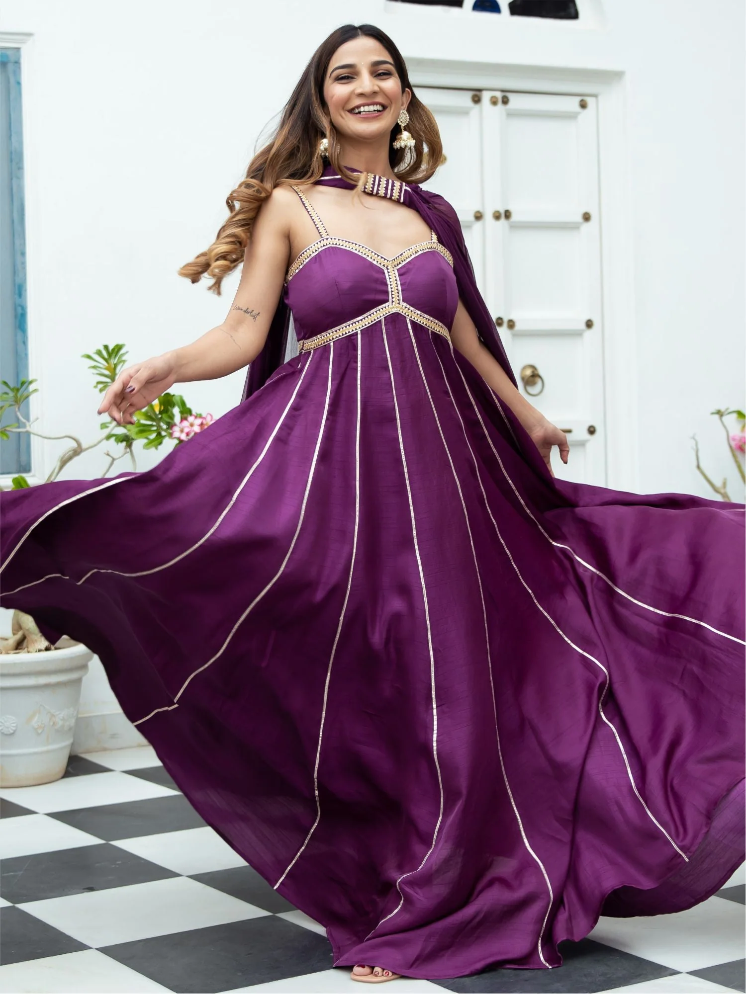 Purple Silk Long Dress With Dupatta - Image 5