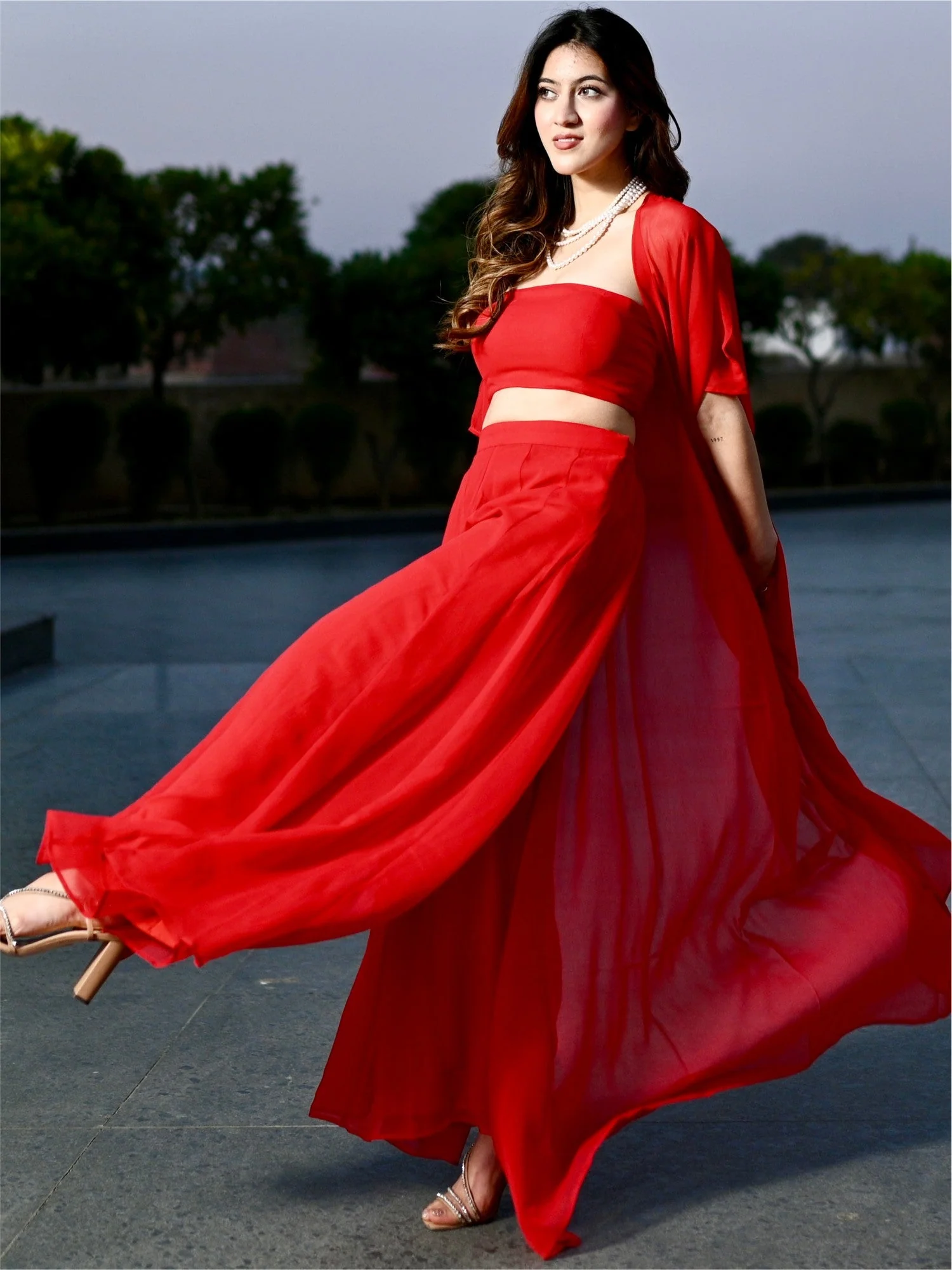 Red Georgette Three Piece Set - Image 4