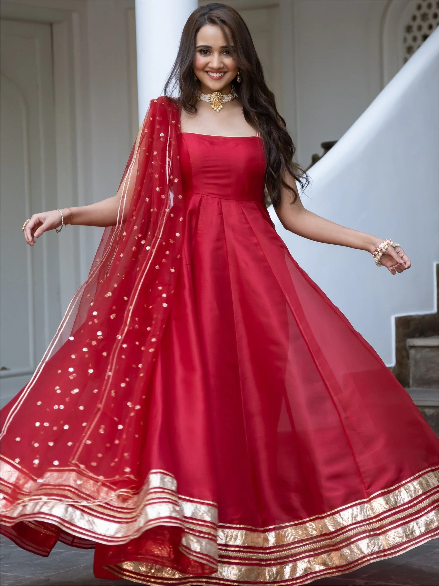 Red Organza Anarkali Dupatta Set - Image 3
