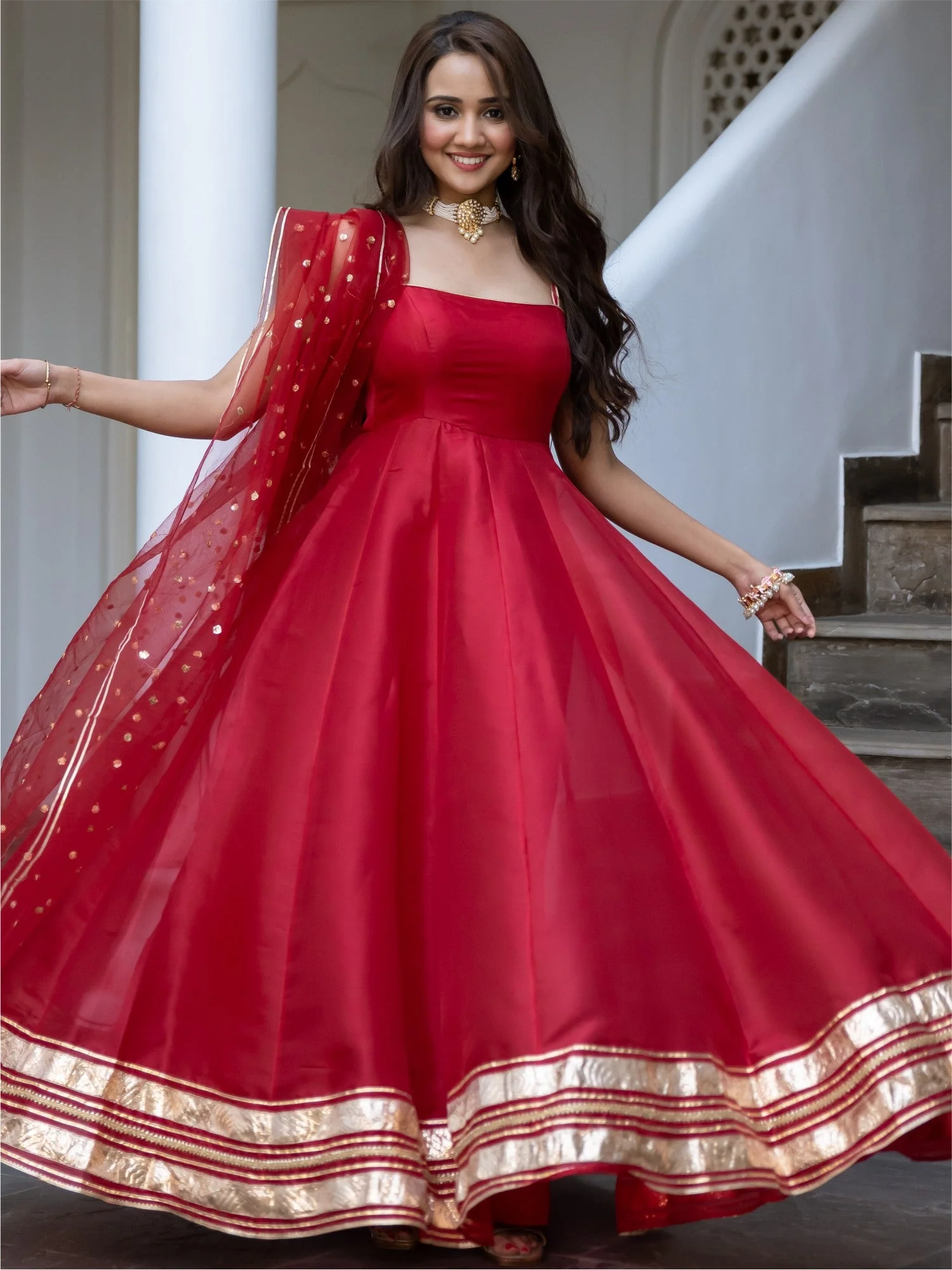 Red Organza Anarkali Dupatta Set - Image 4