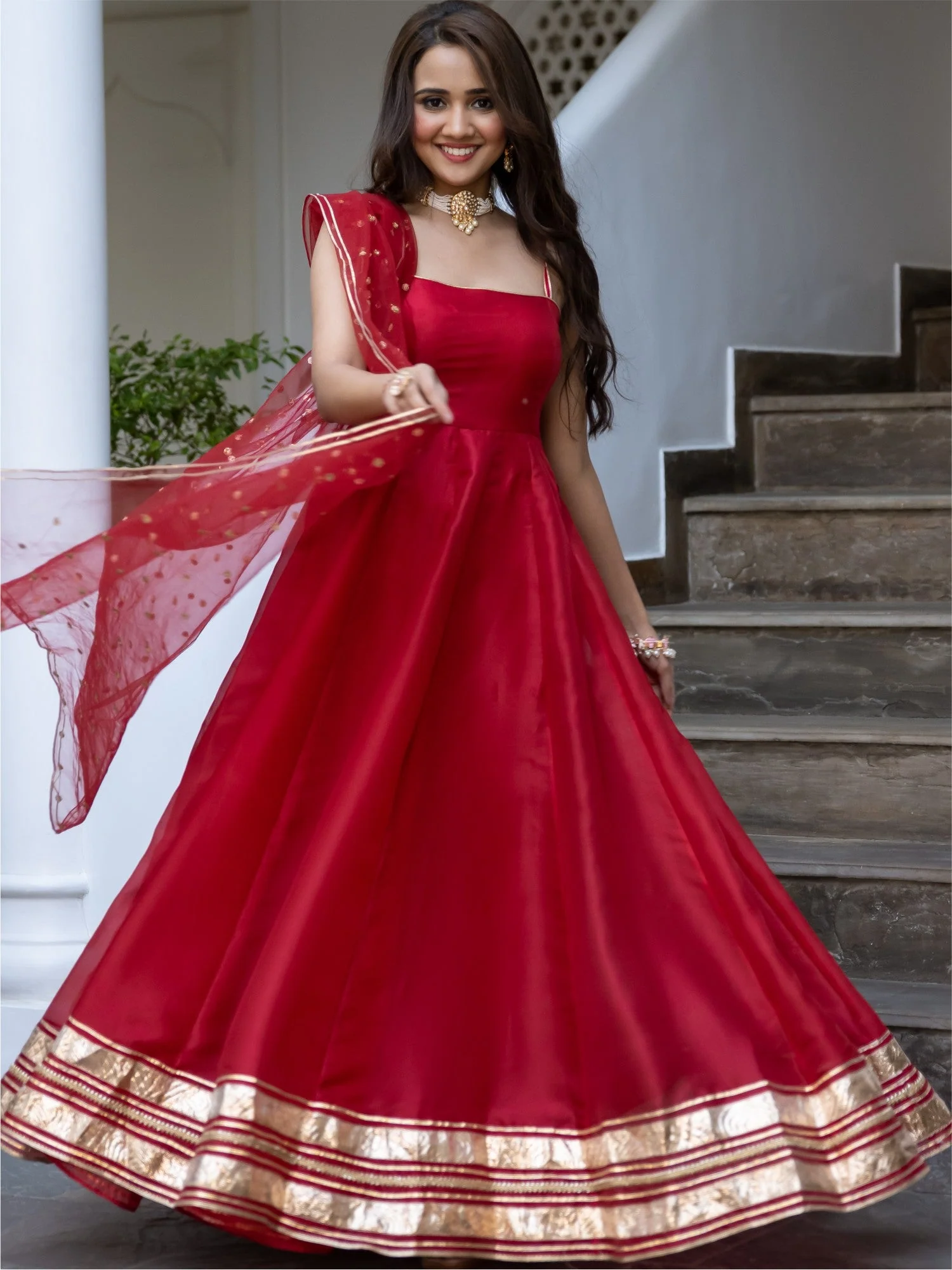 Red Organza Anarkali Dupatta Set - Image 5