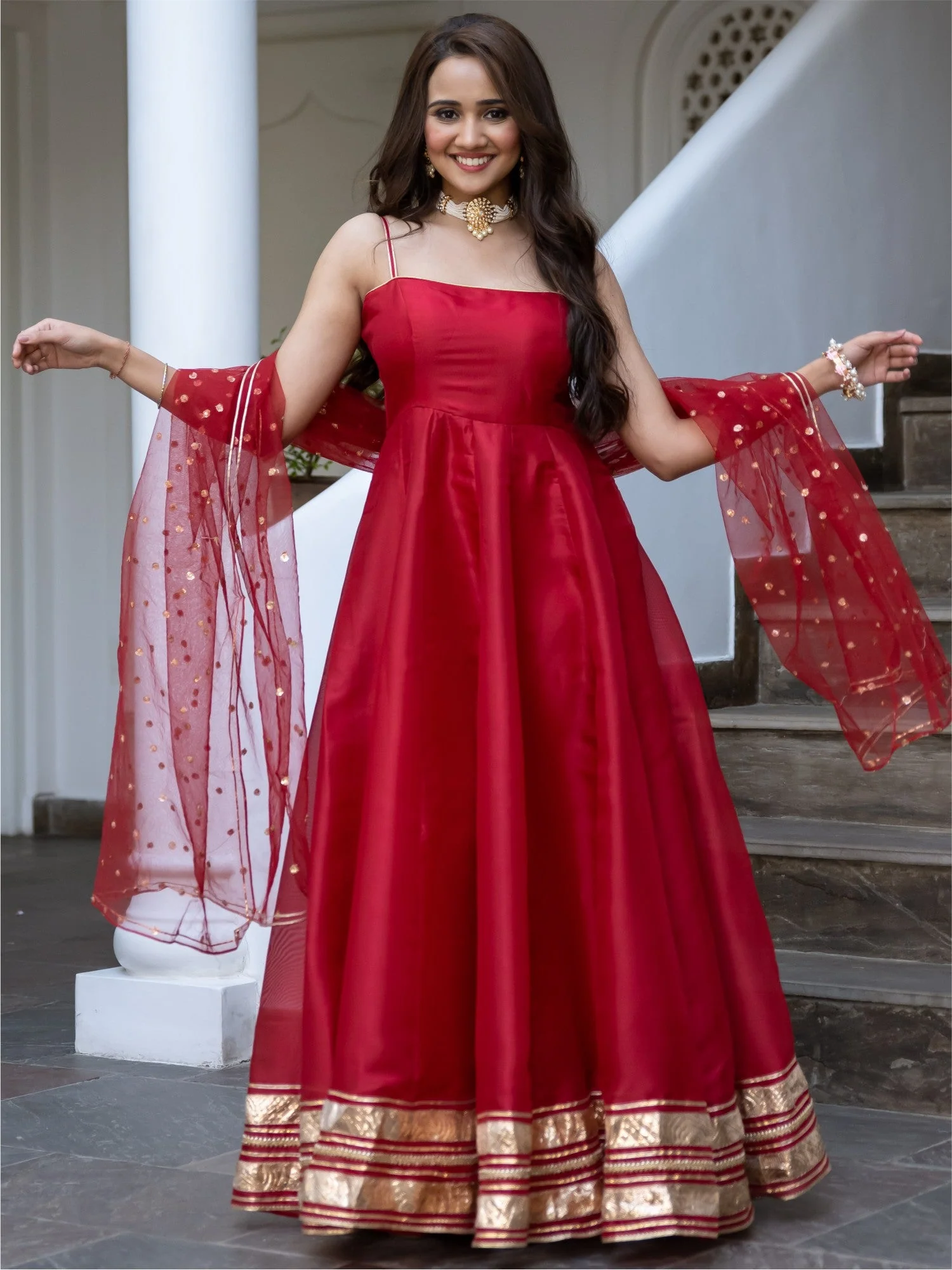 Red Organza Anarkali Dupatta Set - Image 6