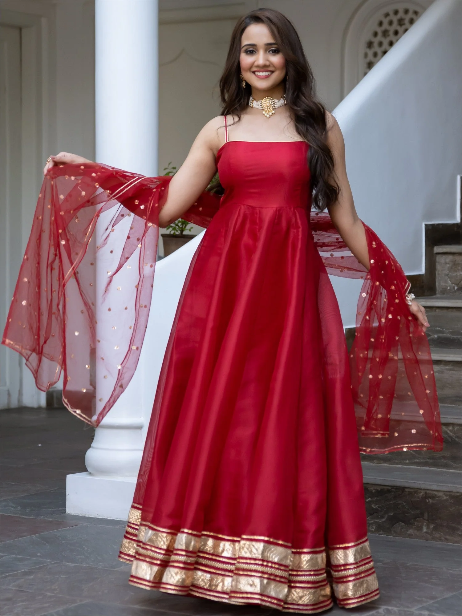 Red Organza Anarkali Dupatta Set - Image 7