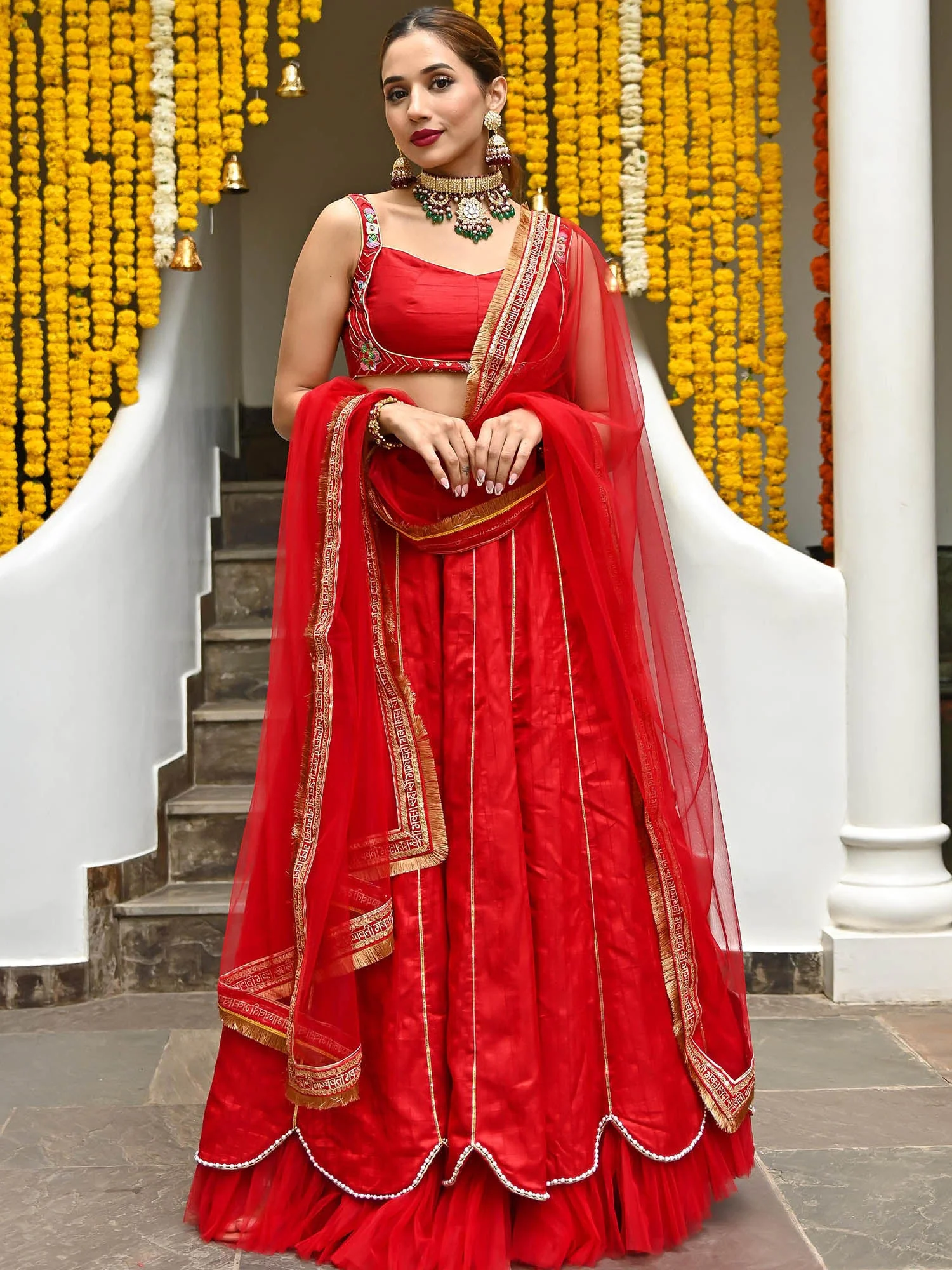 Red Silk Embroidered Lehenga - Image 4