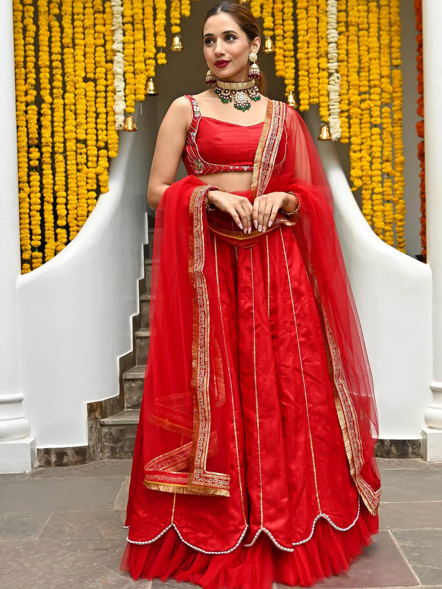 Red Silk Embroidered Lehenga - Image 5