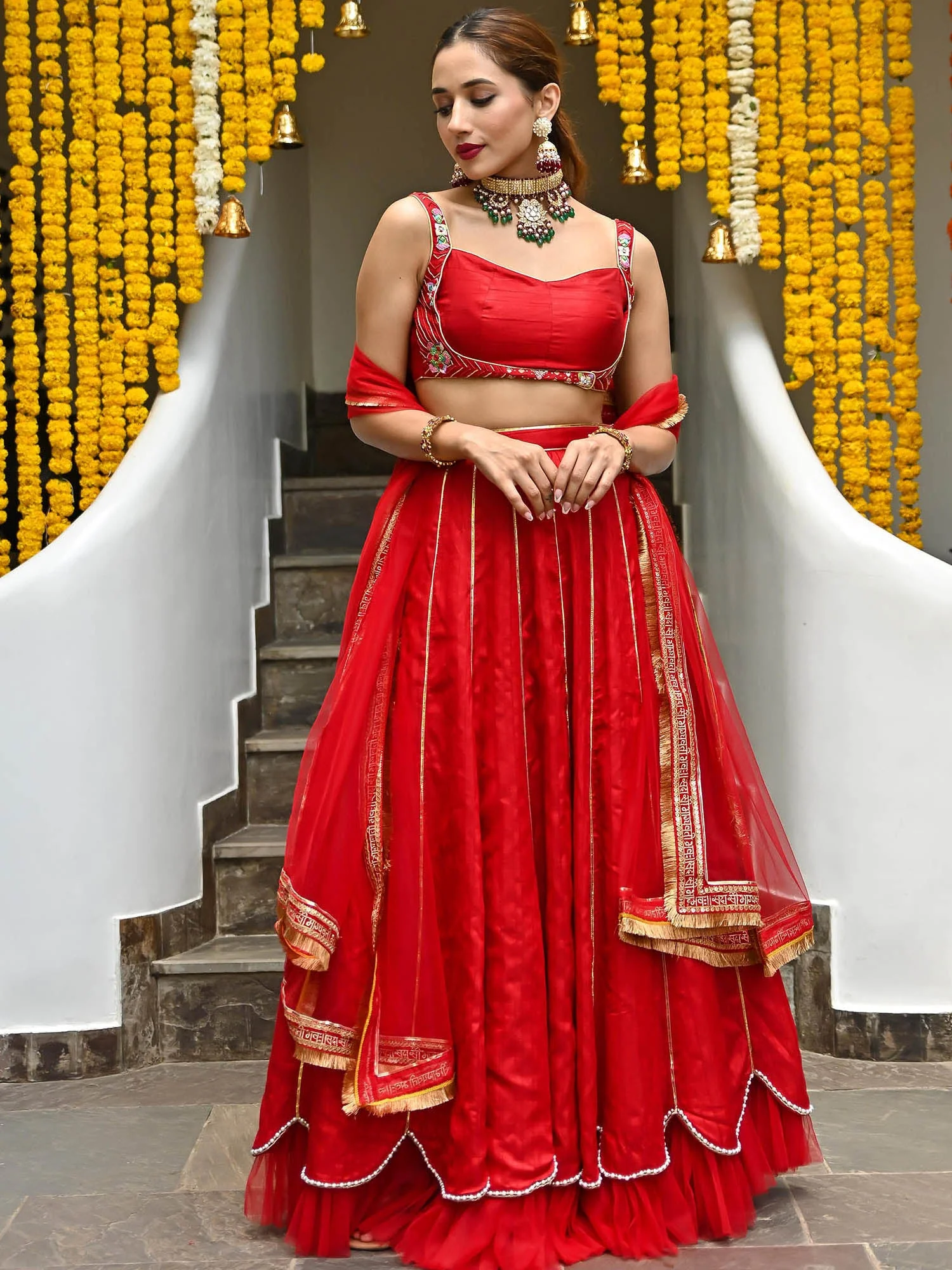 Red Silk Embroidered Lehenga - Image 6