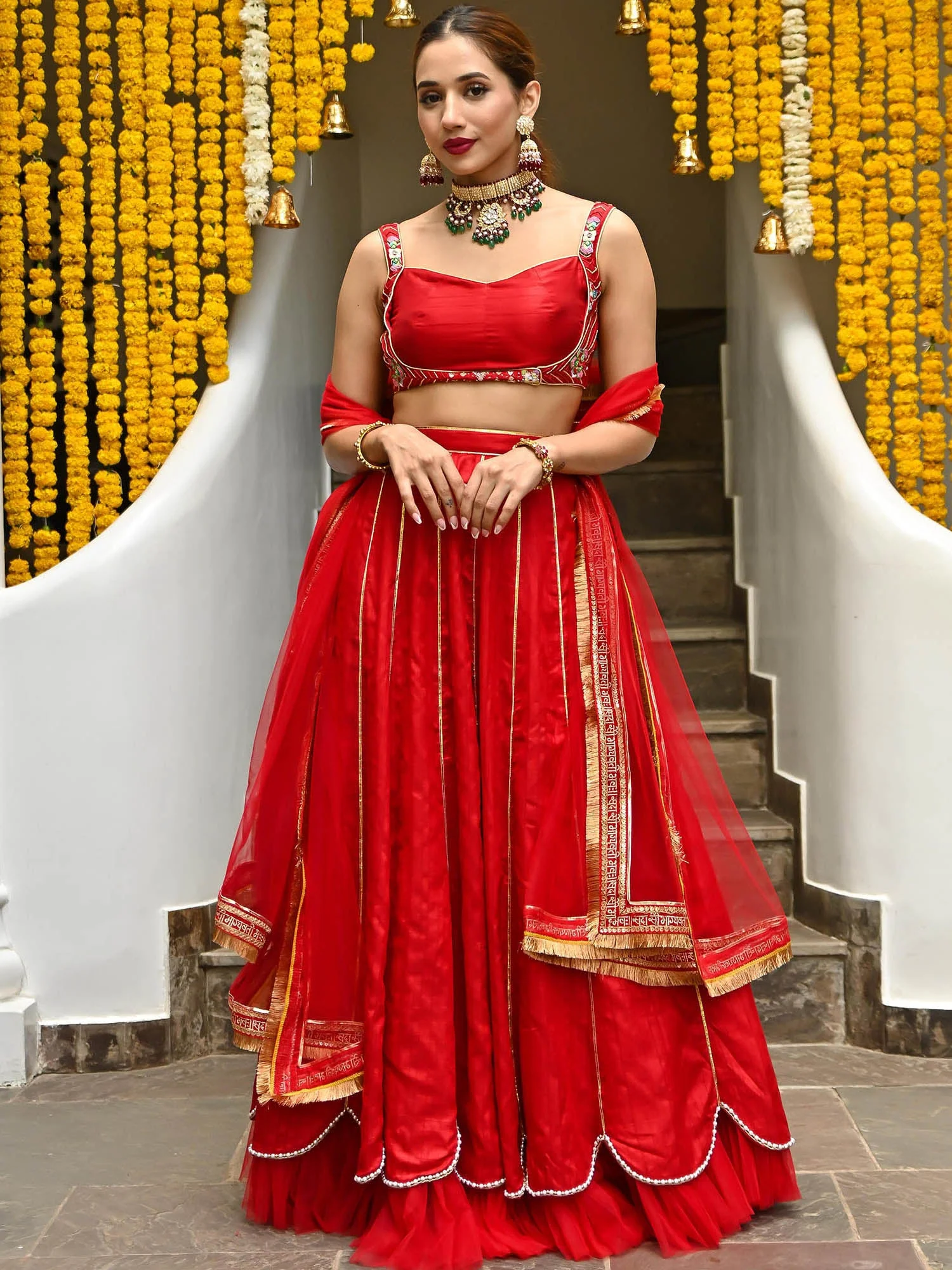 Red Silk Embroidered Lehenga - Image 7