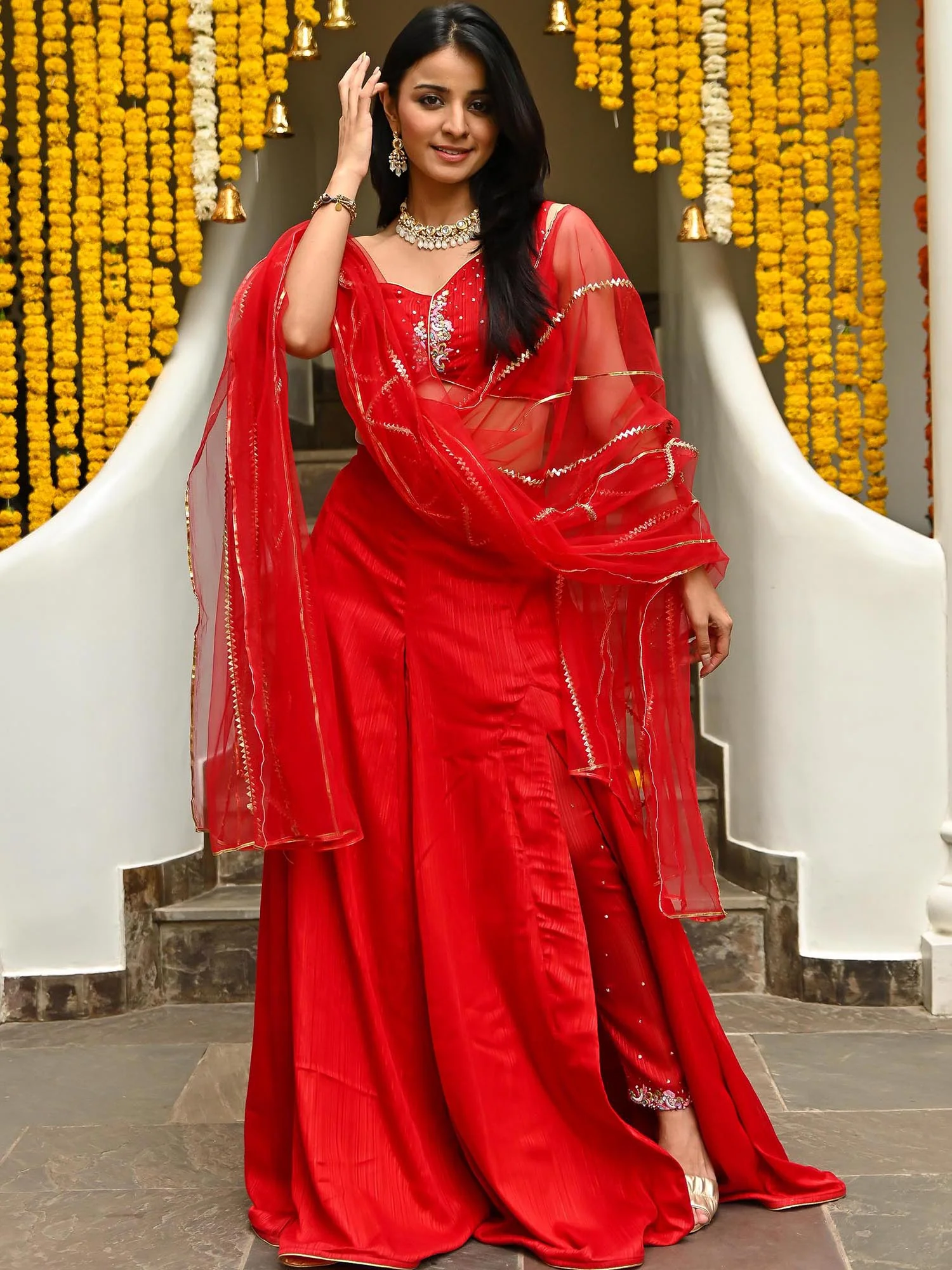 Red Slit Lehenga - Image 3
