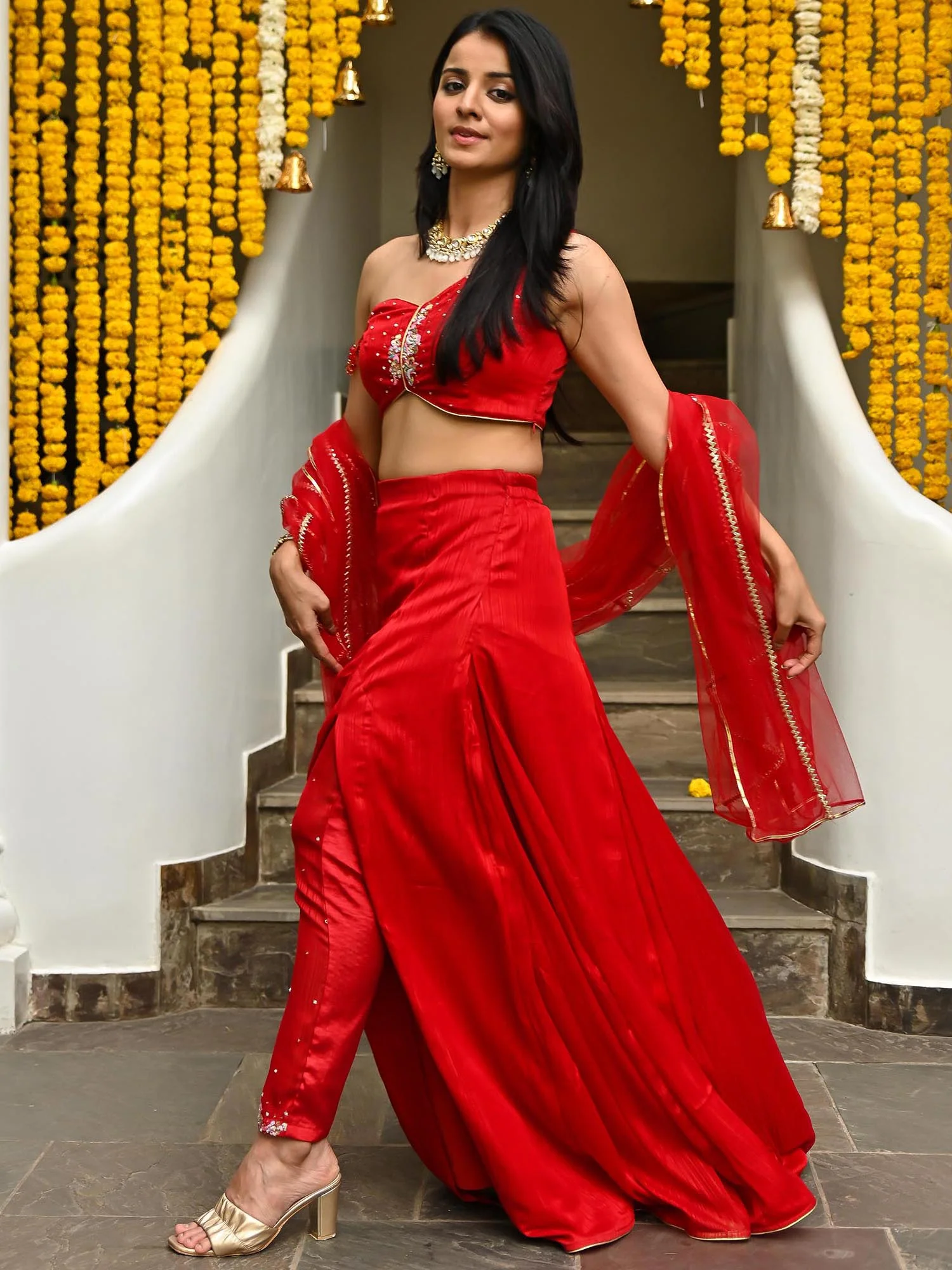 Red Slit Lehenga - Image 4