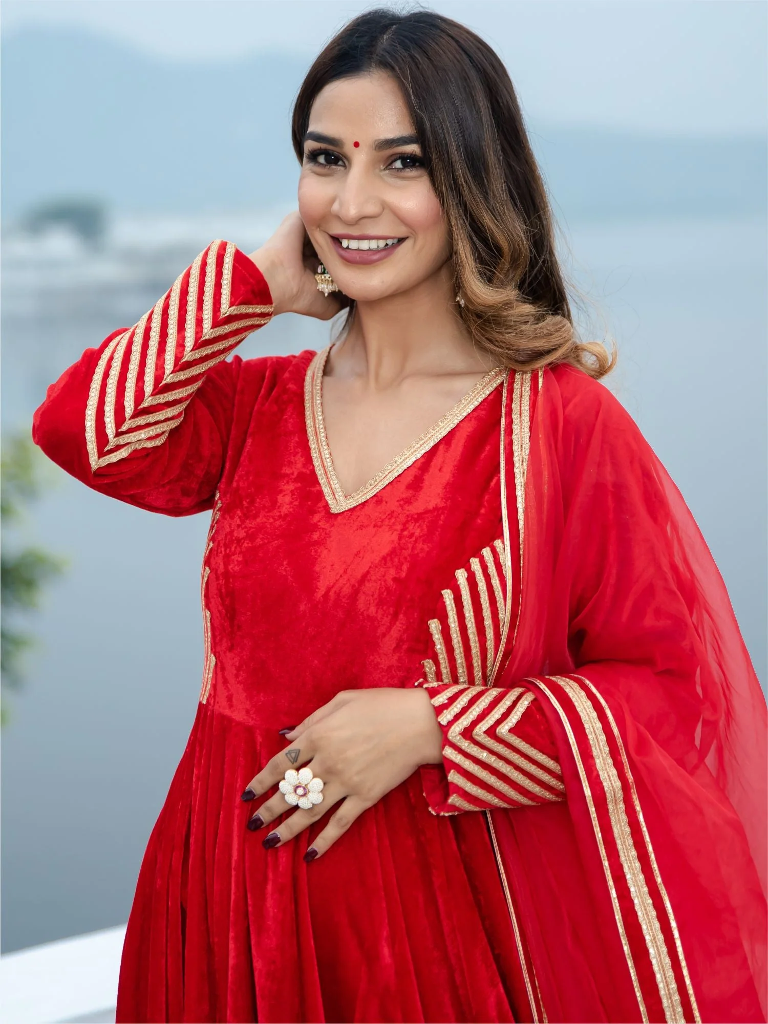Red Velvet Anarkali With Dupatta - Image 3