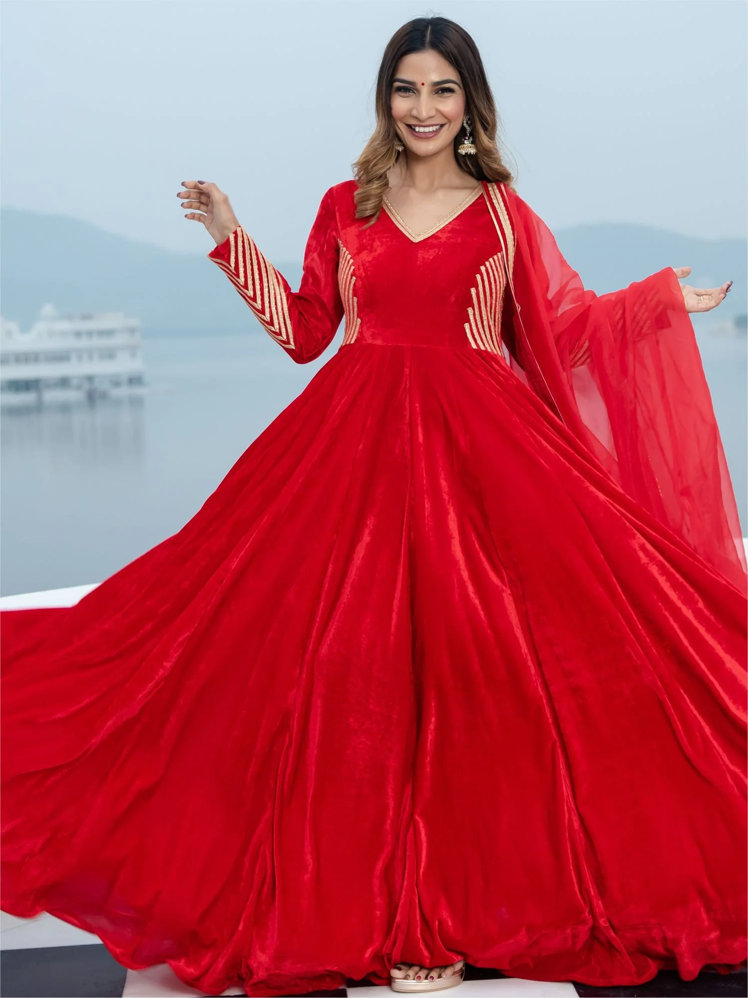 Red Velvet Anarkali With Dupatta - Image 4