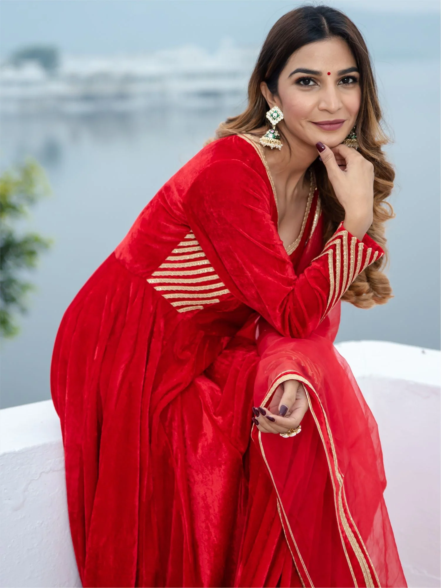Red Velvet Anarkali With Dupatta - Image 5