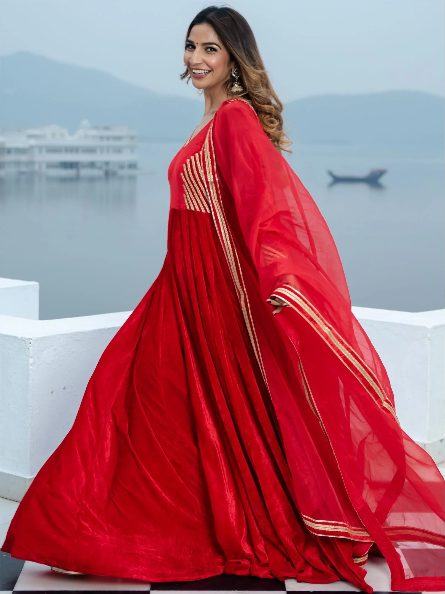 Red Velvet Anarkali With Dupatta - Image 6