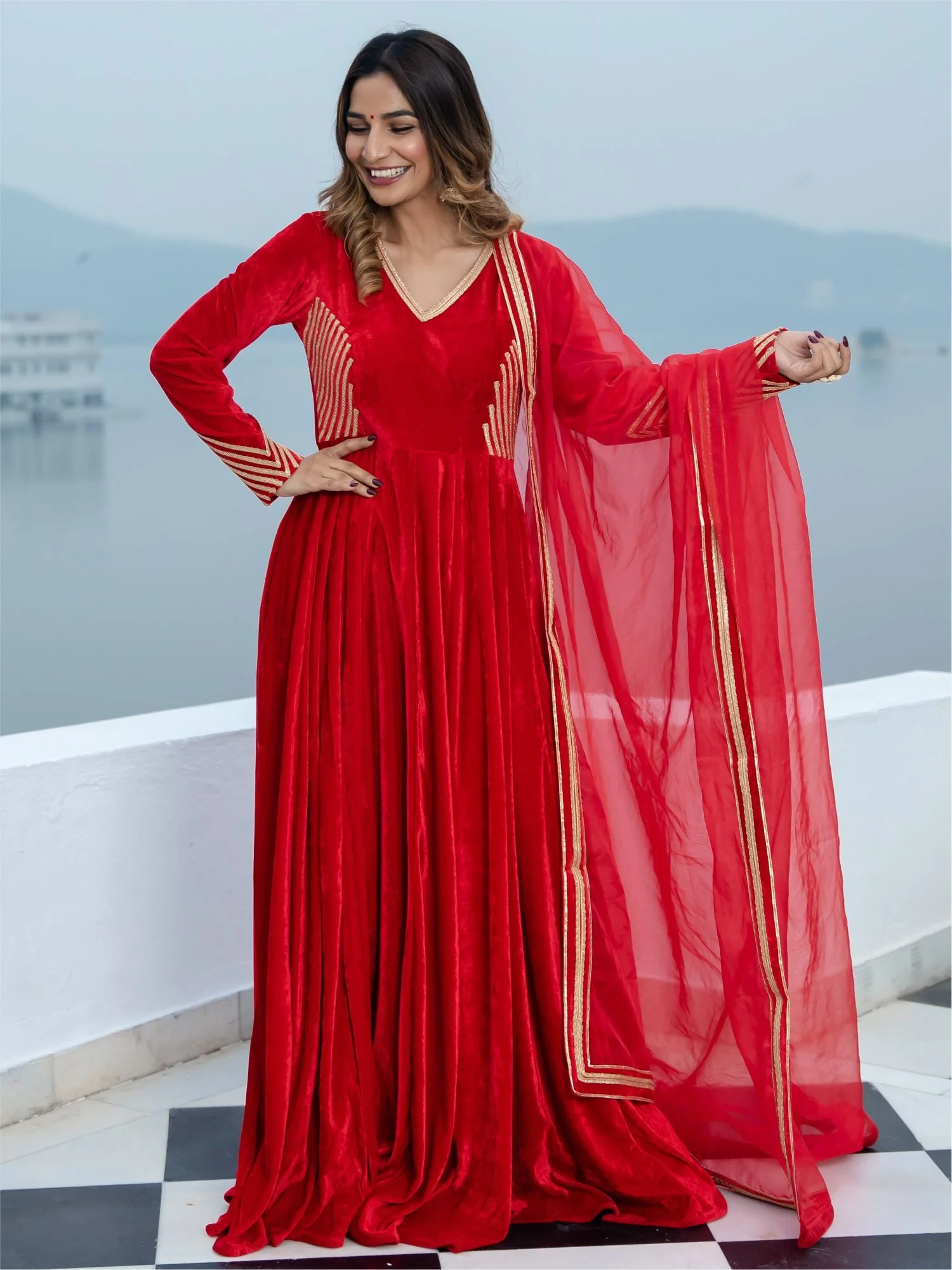 Red Velvet Anarkali With Dupatta - Image 7