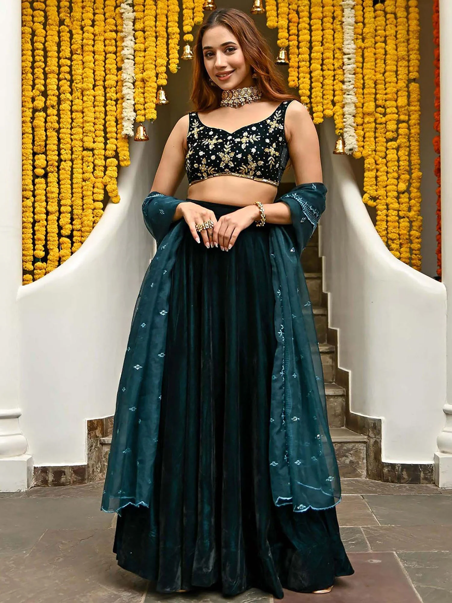 Teal Velvet Lehenga - Image 3