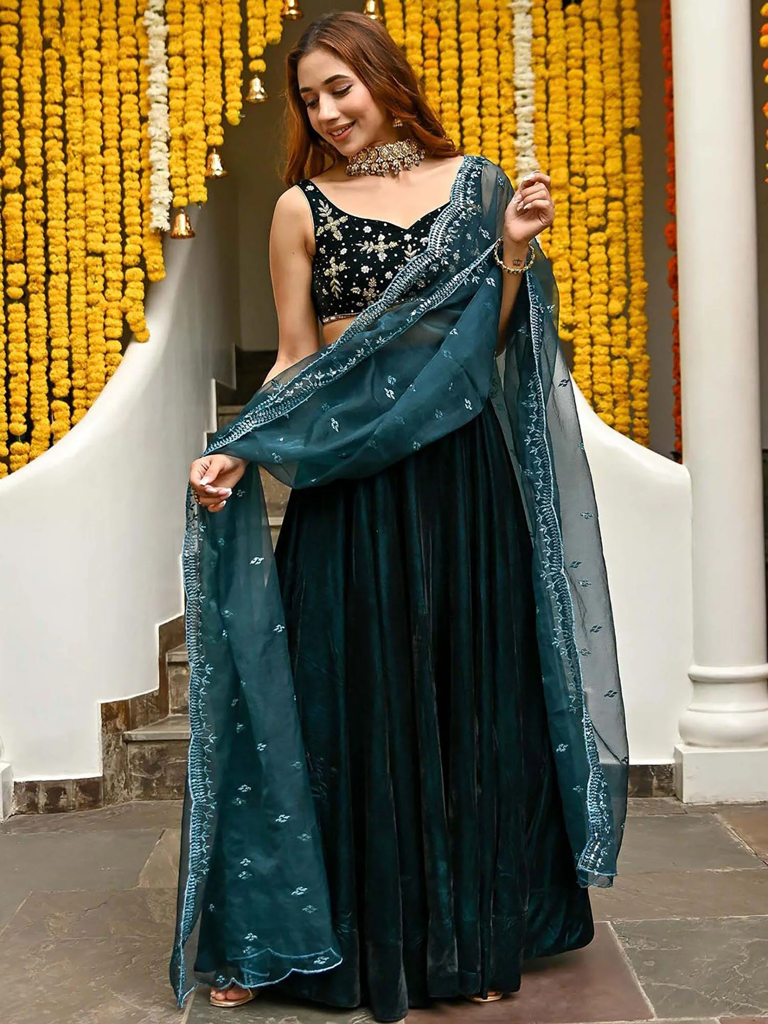 Teal Velvet Lehenga - Image 4