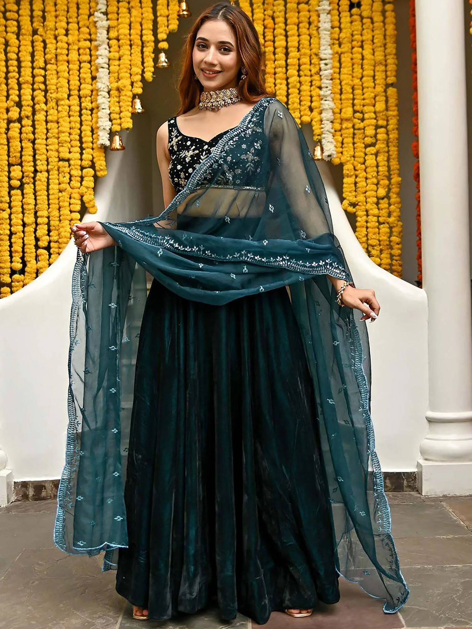 Teal Velvet Lehenga - Image 5