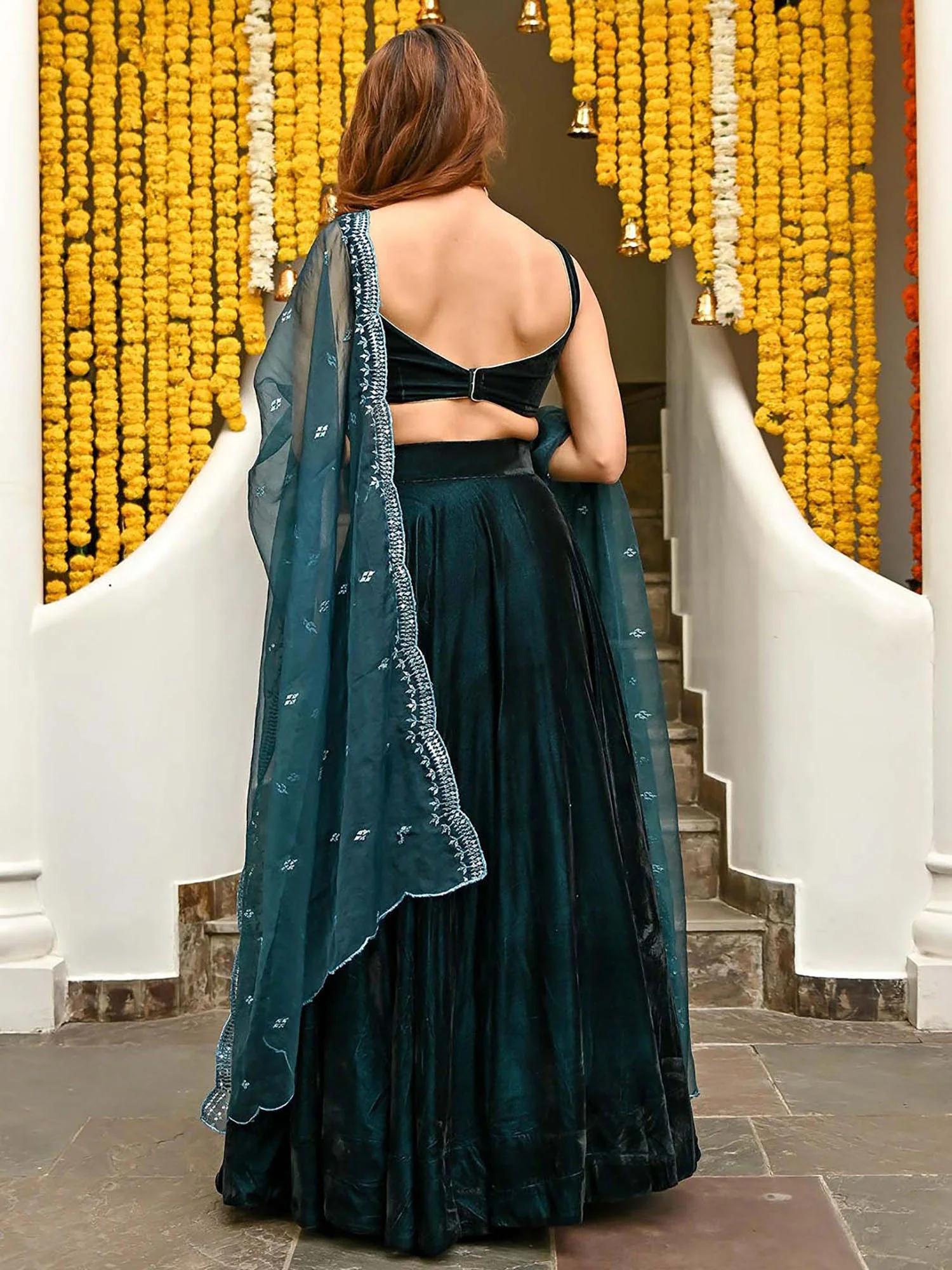 Teal Velvet Lehenga - Image 6