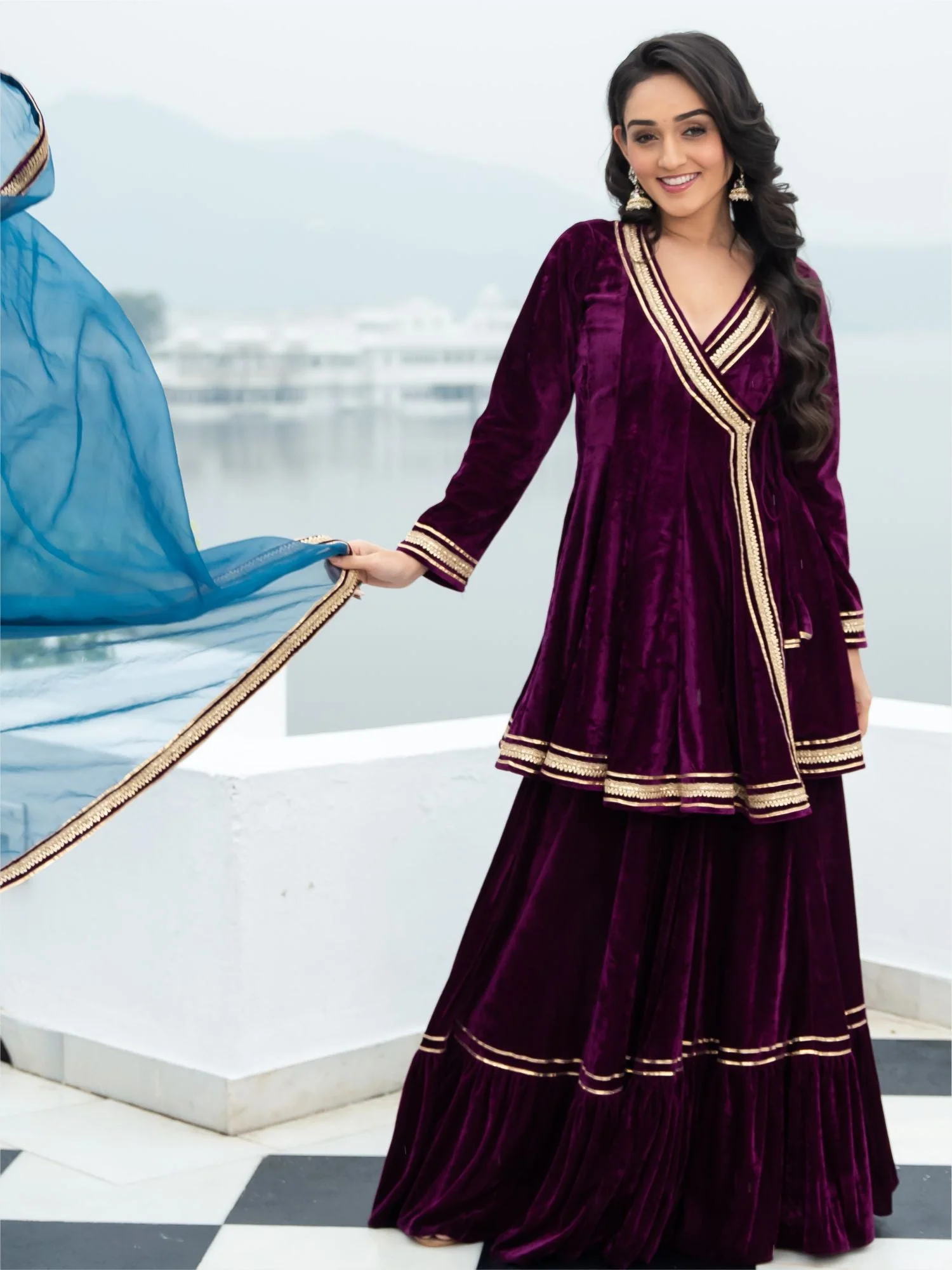 Velvet Magenta Angrakha Style Palazzo Set - Image 10