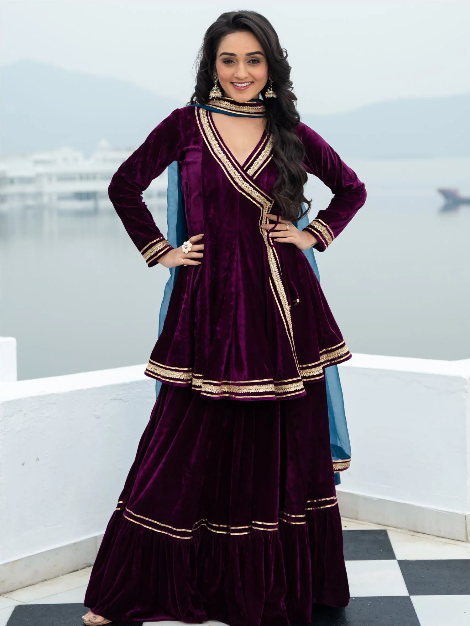 Velvet Magenta Angrakha Style Palazzo Set - Image 3