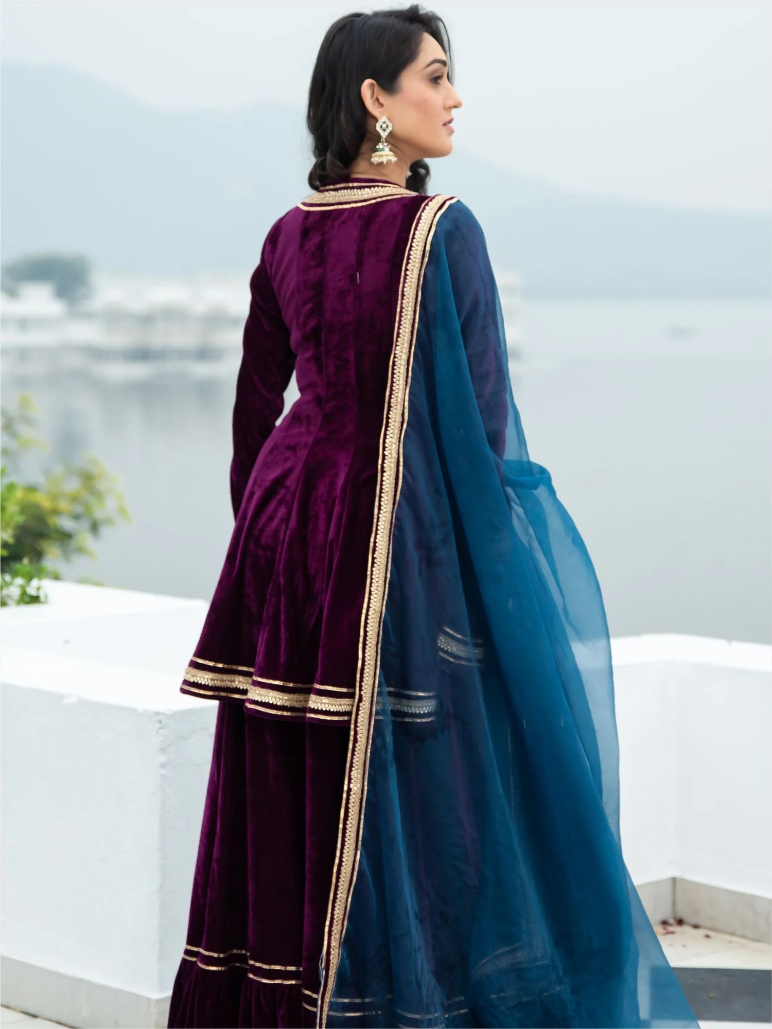 Velvet Magenta Angrakha Style Palazzo Set - Image 4