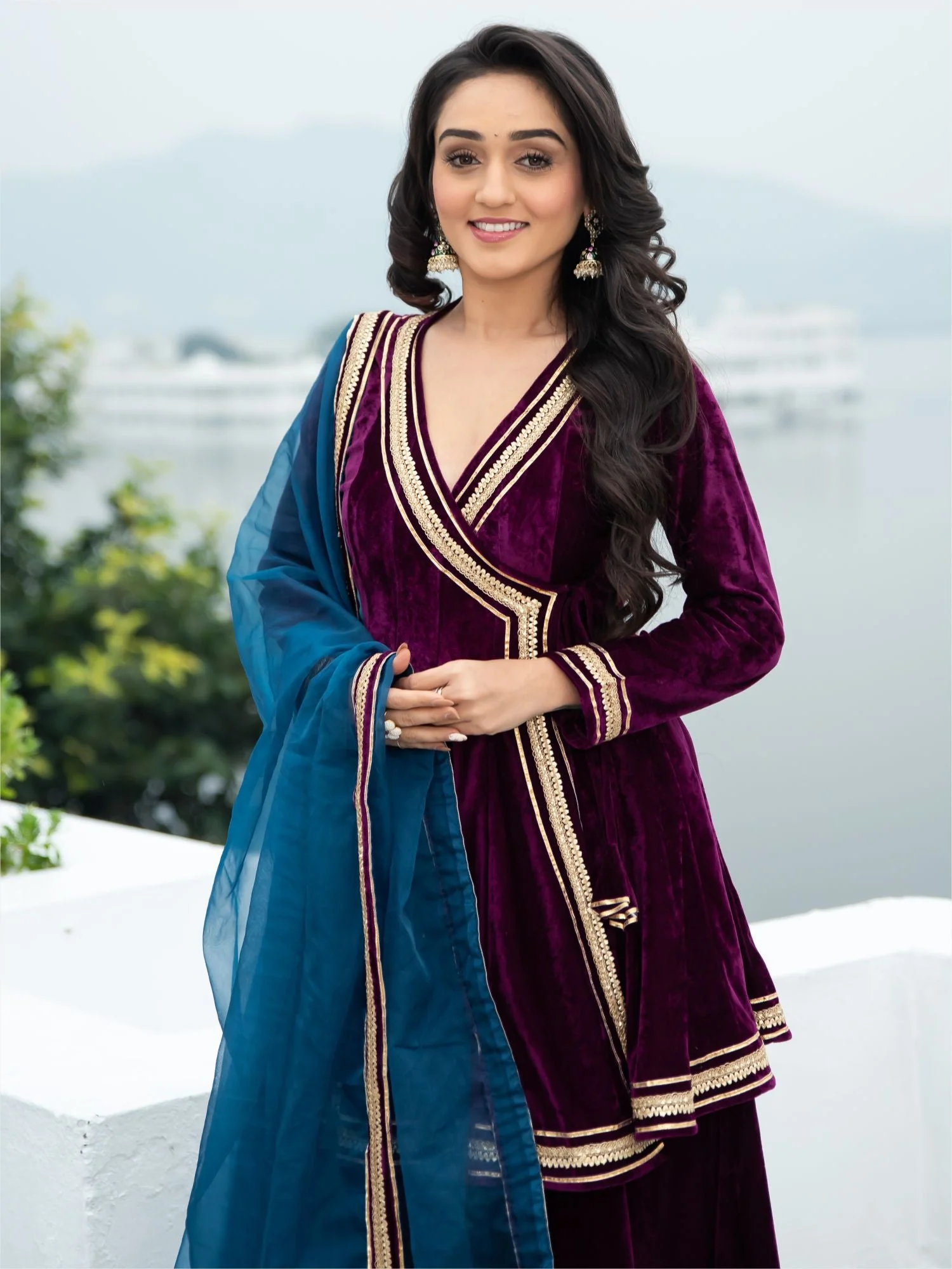 Velvet Magenta Angrakha Style Palazzo Set - Image 5