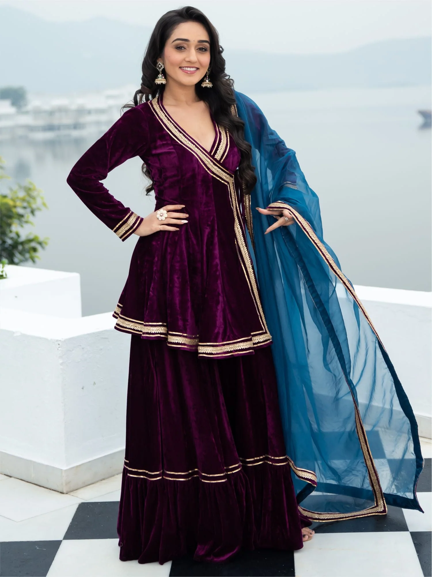 Velvet Magenta Angrakha Style Palazzo Set - Image 6