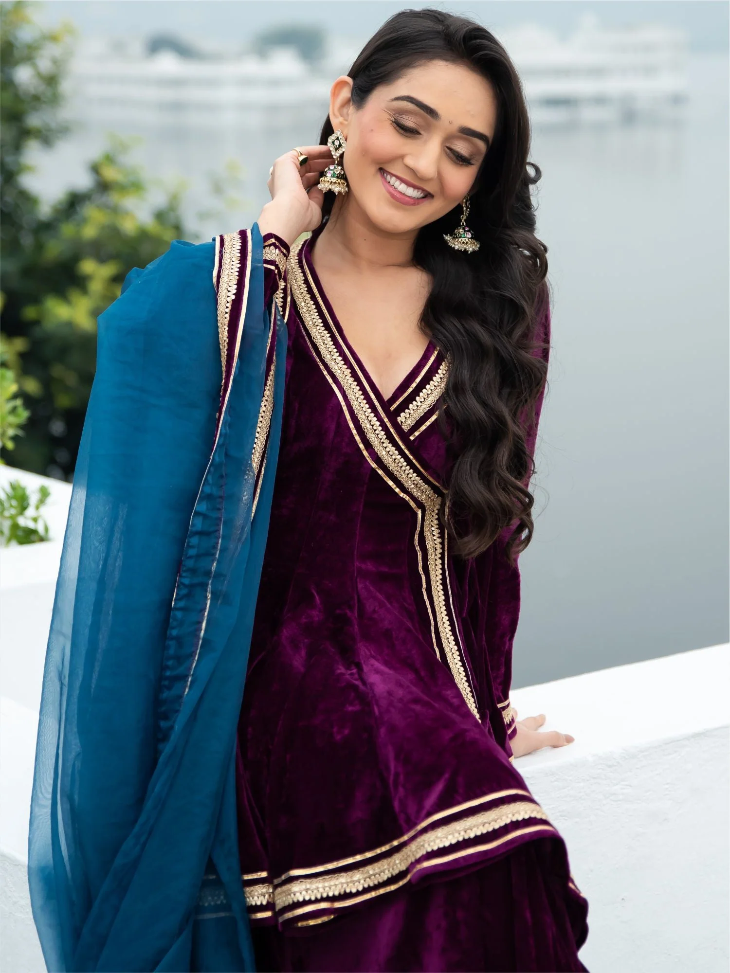 Velvet Magenta Angrakha Style Palazzo Set - Image 7