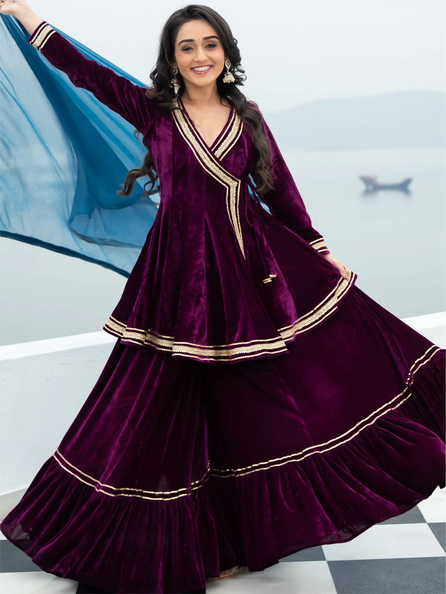 Velvet Magenta Angrakha Style Palazzo Set - Image 8