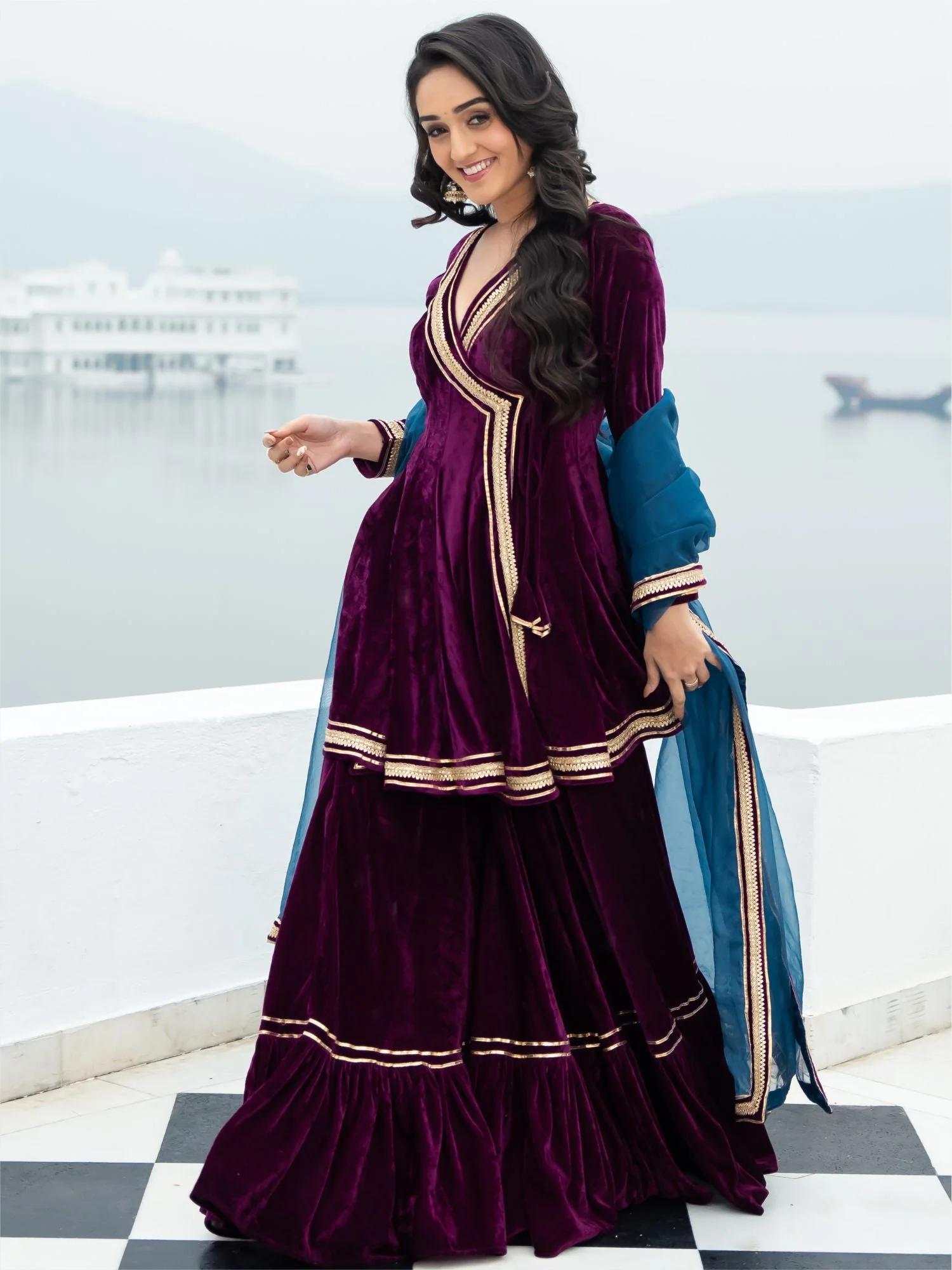 Velvet Magenta Angrakha Style Palazzo Set - Image 9