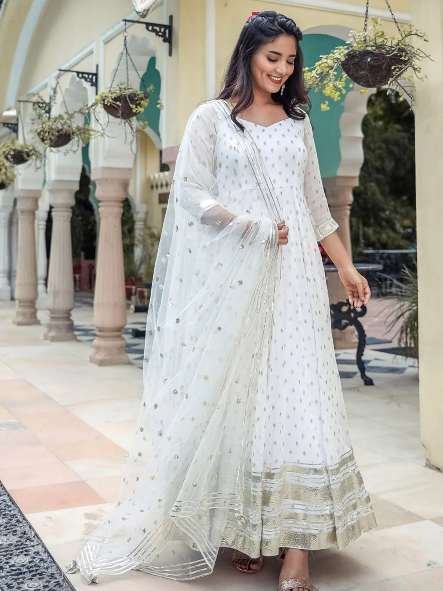 White Georgette Anarkali Set - Image 5