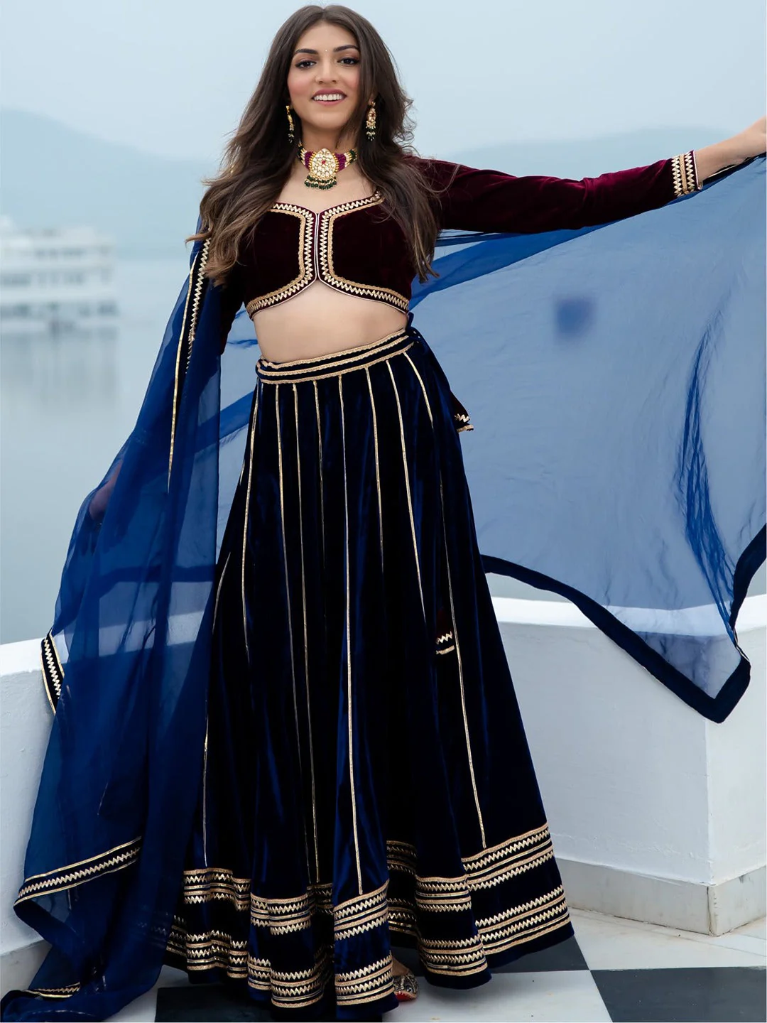 Wine and Blue Velvet Lehenga Set - Image 3