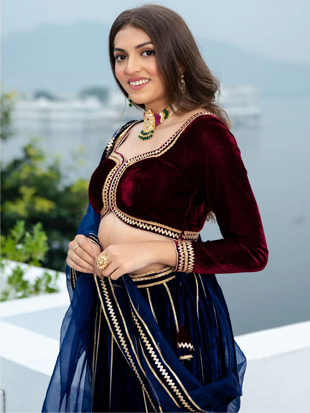 Wine and Blue Velvet Lehenga Set - Image 4