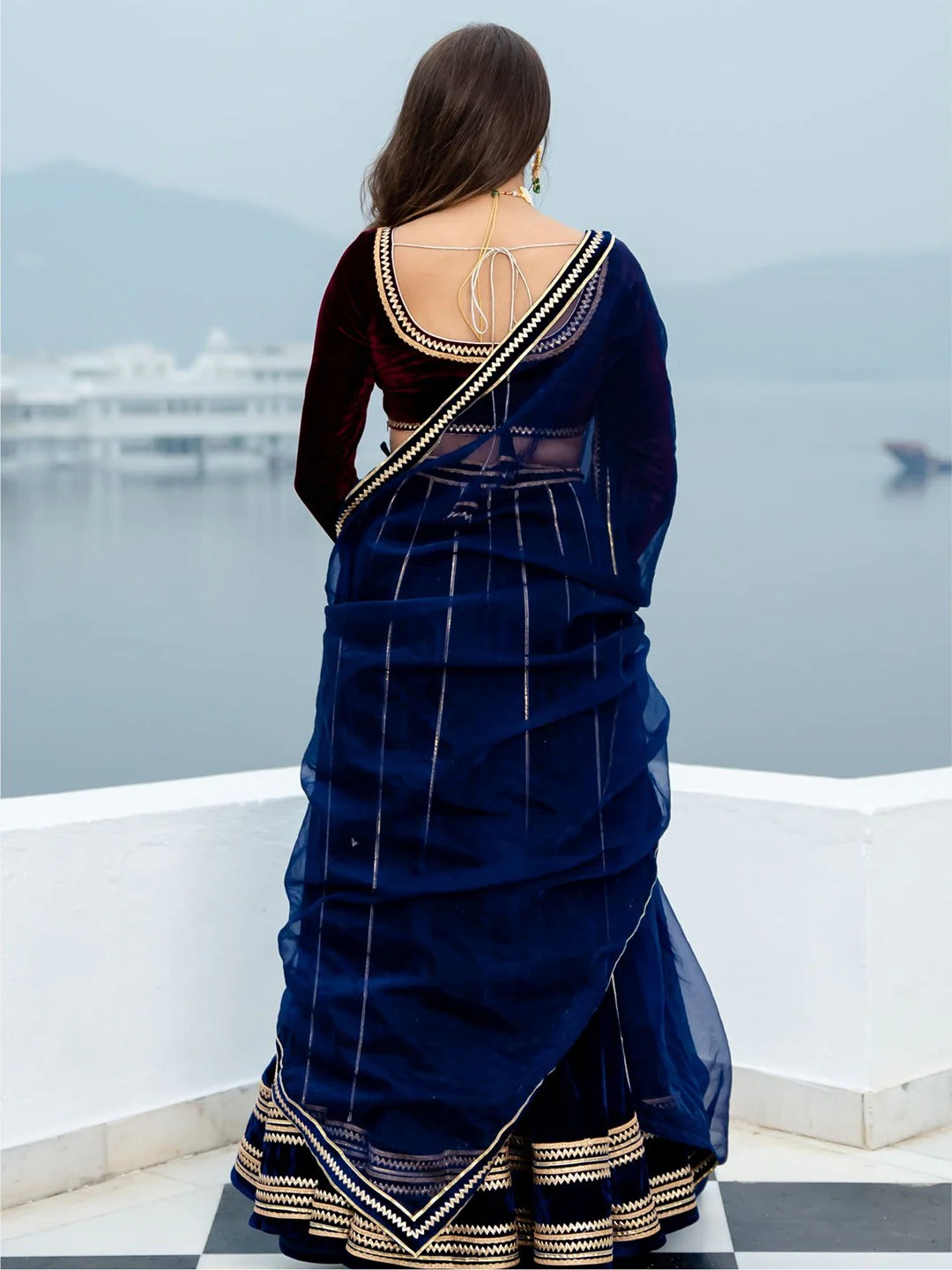 Wine and Blue Velvet Lehenga Set - Image 5