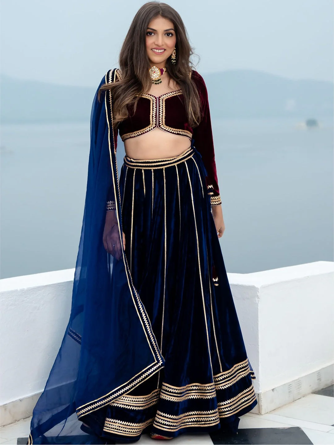 Wine and Blue Velvet Lehenga Set - Image 6